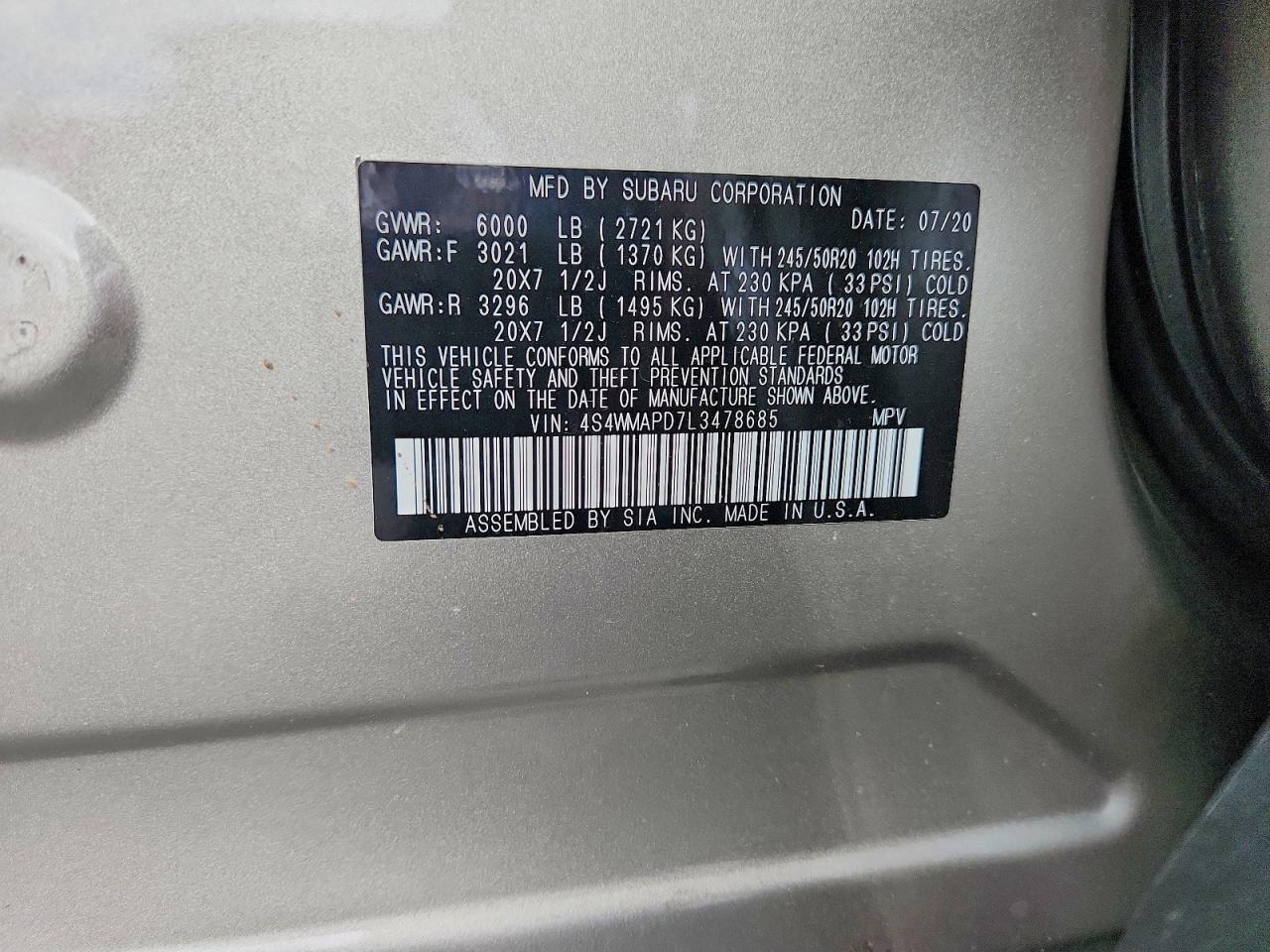 2020 Subaru Ascent Limited Gold vin: 4S4WMAPD7L3478685