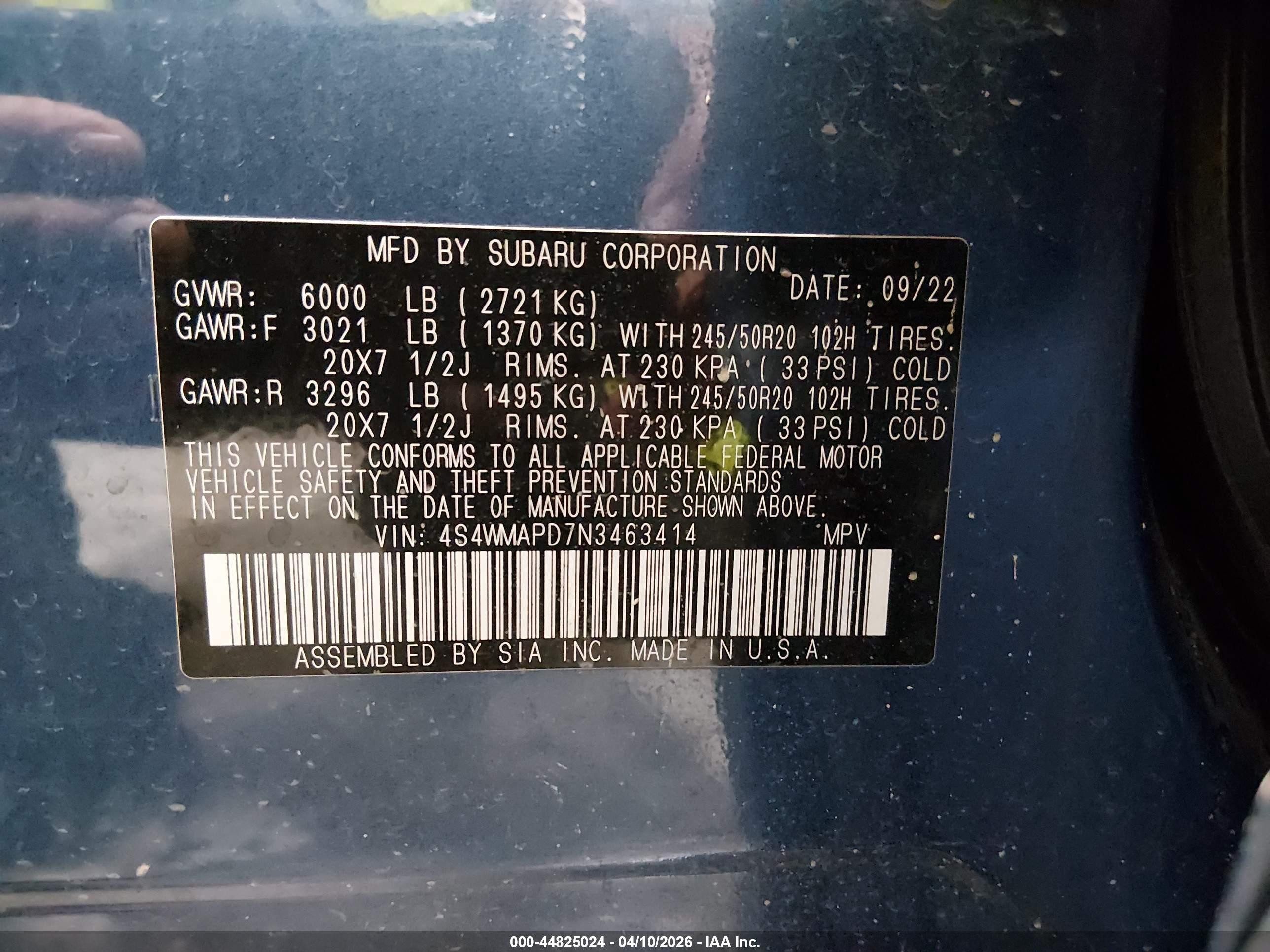 2022 Subaru Ascent Limited Blue vin: 4S4WMAPD7N3463414