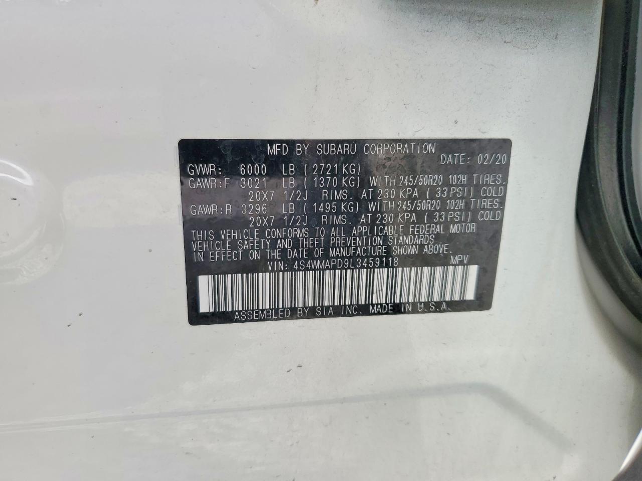 2020 Subaru Ascent Limited White vin: 4S4WMAPD9L3459118