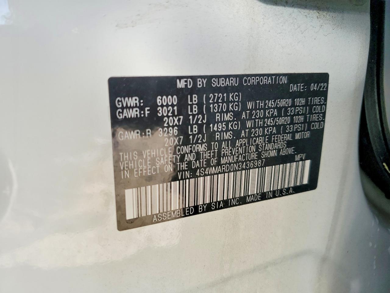2022 Subaru Ascent Touring White vin: 4S4WMARD0N3436987