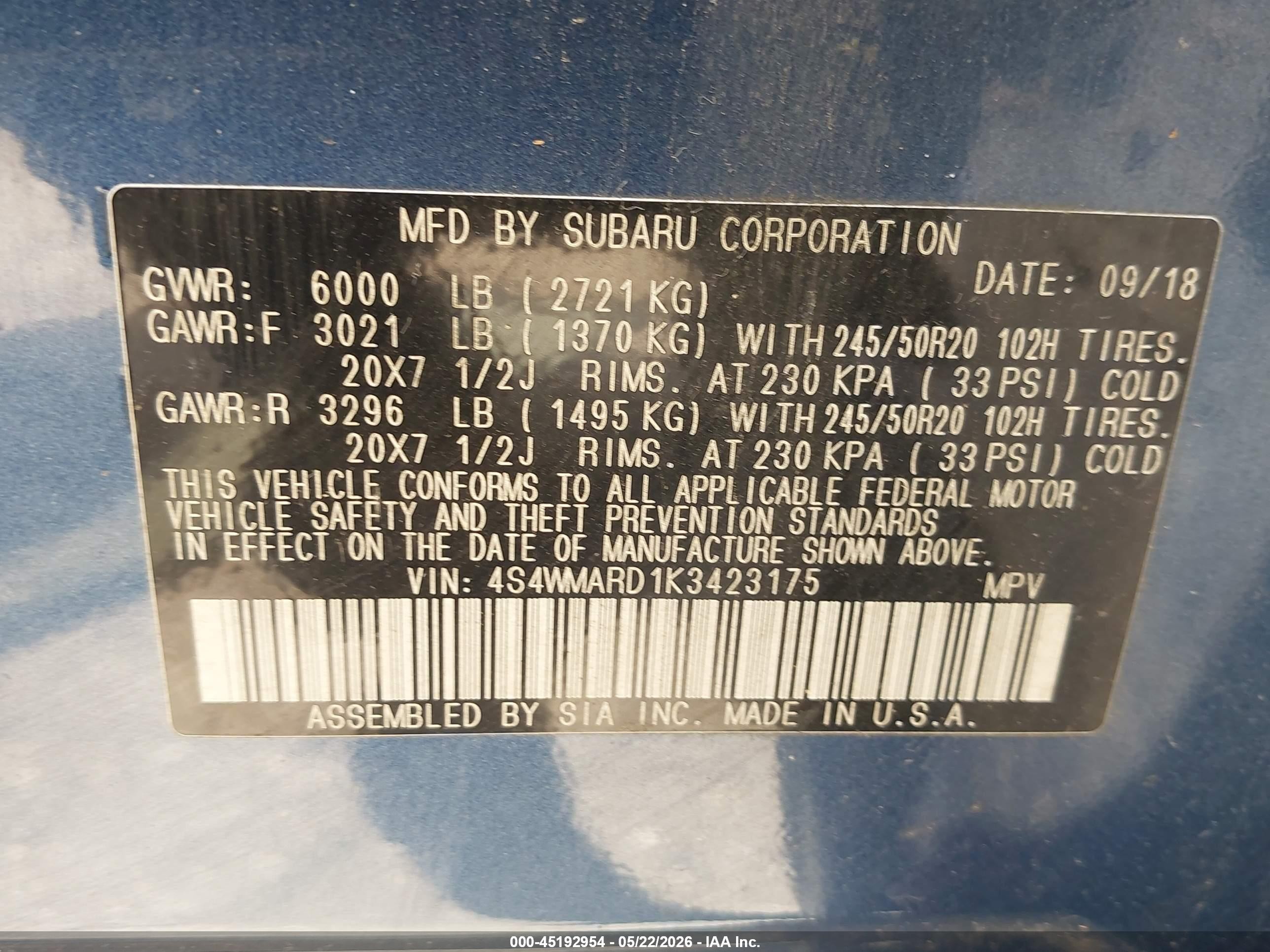 2019 Subaru Ascent Touring Blue vin: 4S4WMARD1K3423175
