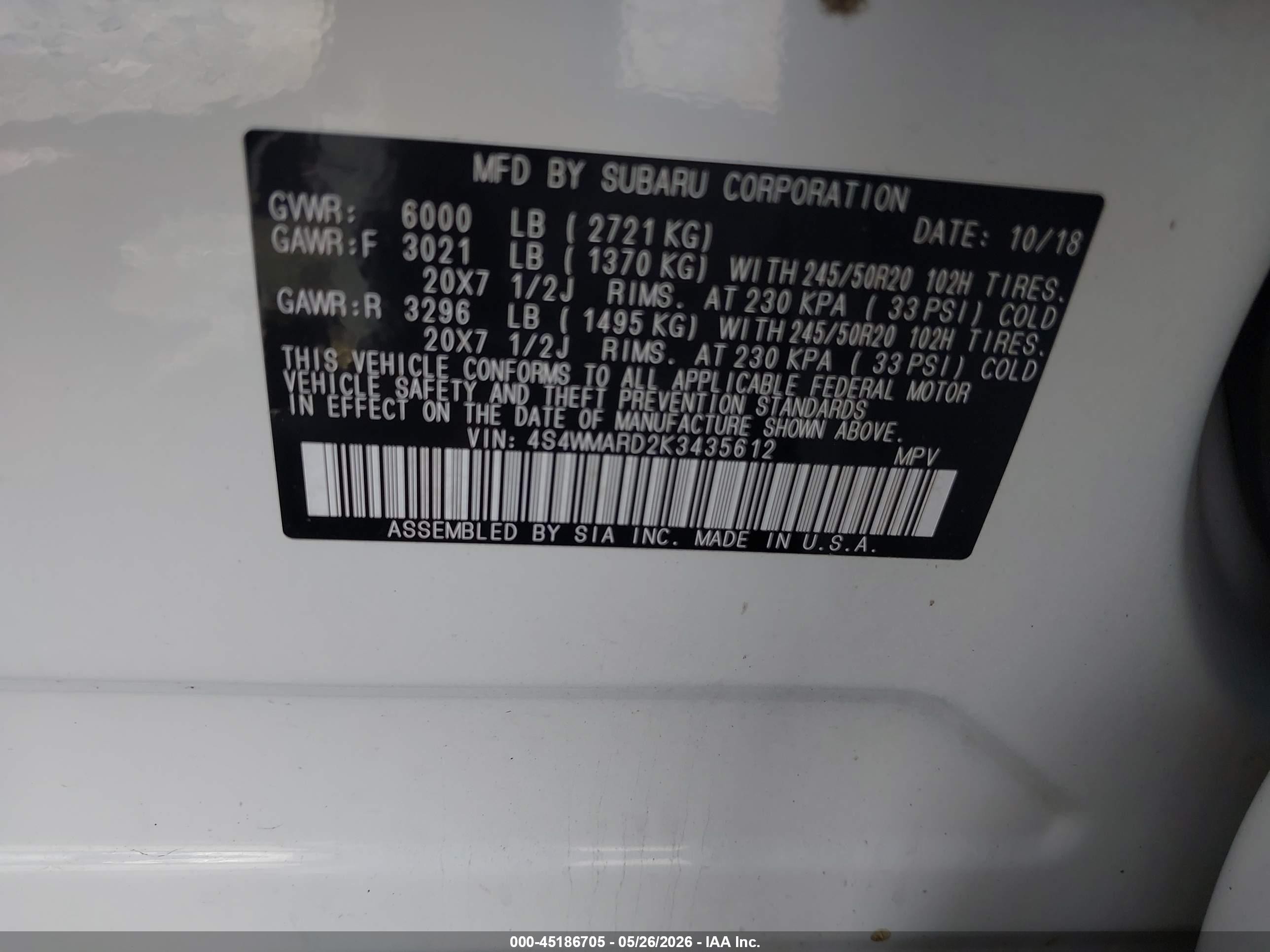 2019 Subaru Ascent Touring White vin: 4S4WMARD2K3435612