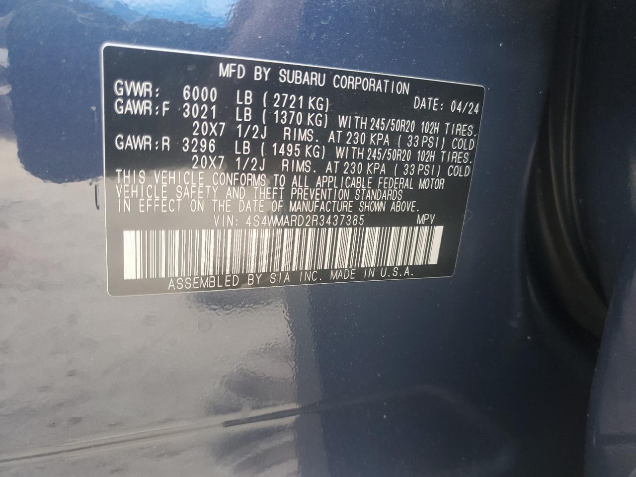 2024 Subaru Ascent Limited Blue vin: 4S4WMARD2R3437385