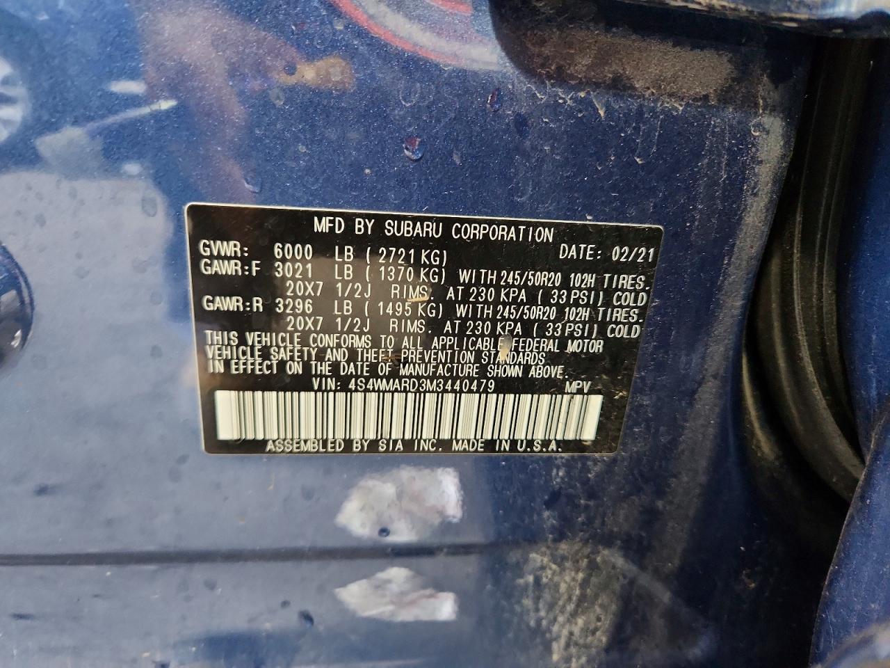 2021 Subaru Ascent Touring Blue vin: 4S4WMARD3M3440479