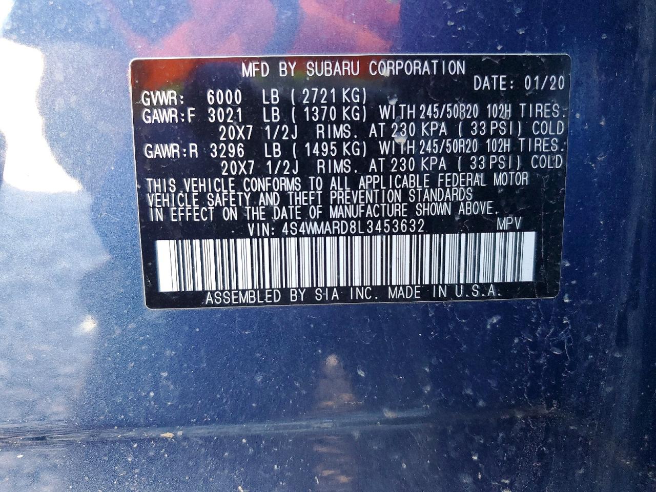 2020 Subaru Ascent Touring Blue vin: 4S4WMARD8L3453632