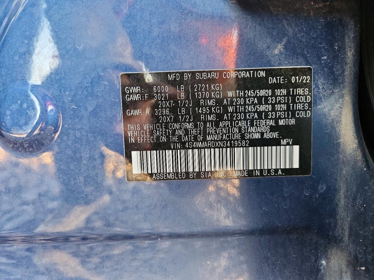 2022 Subaru Ascent Touring Синий vin: 4S4WMARDXN3419582