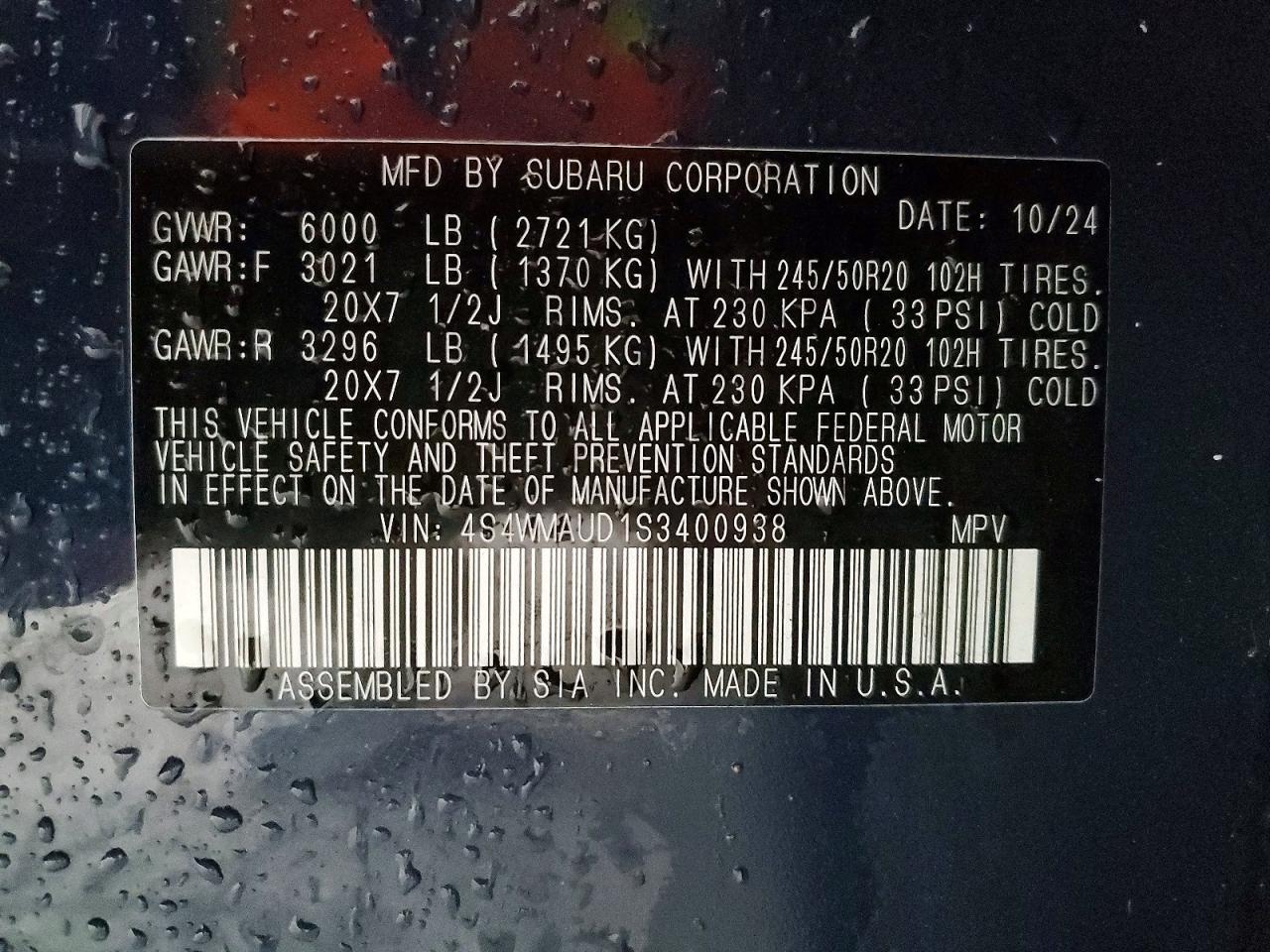 2025 Subaru Ascent Touring Blue vin: 4S4WMAUD1S3400938