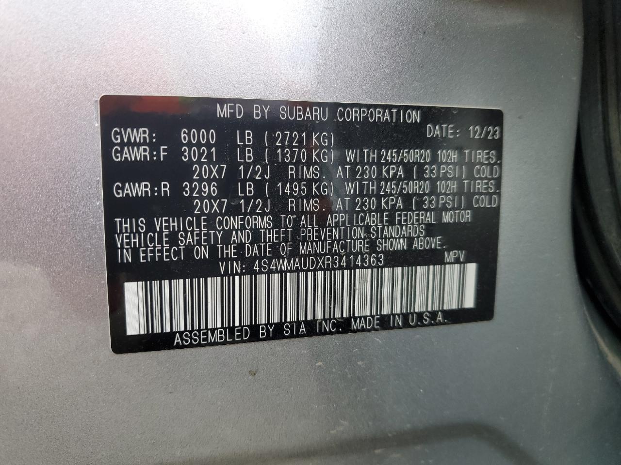 2024 Subaru Ascent Limited Серебряный vin: 4S4WMAUDXR3414363