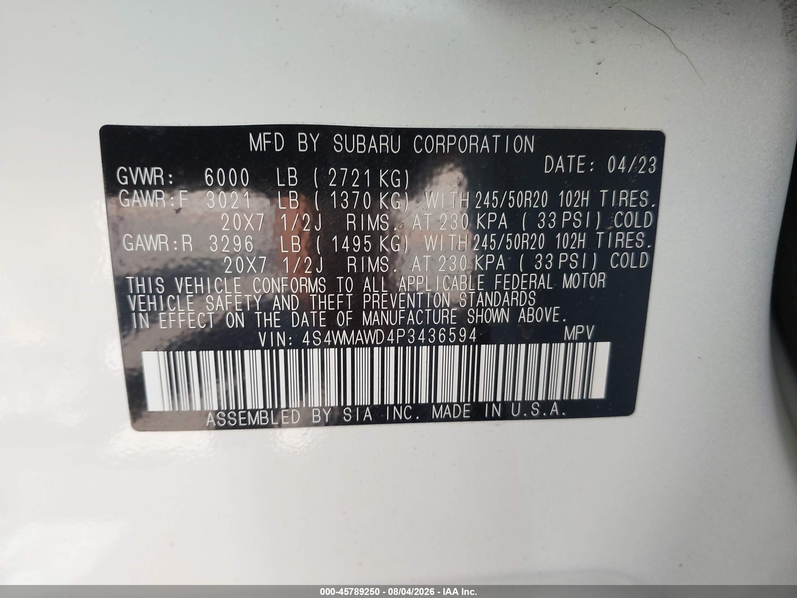 2023 Subaru Ascent Touring 7-passenger White vin: 4S4WMAWD4P3436594