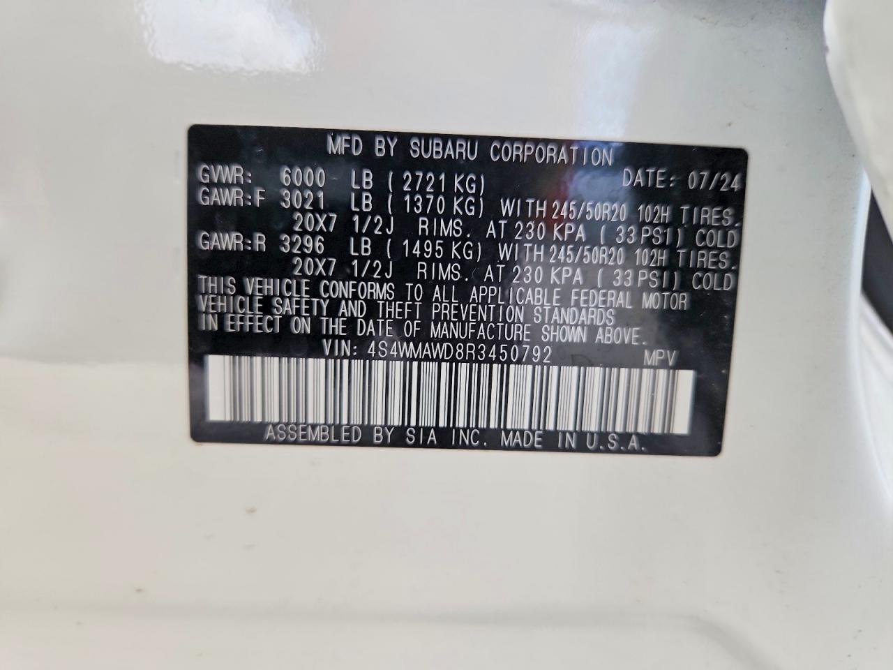 2024 Subaru Ascent Touring White vin: 4S4WMAWD8R3450792