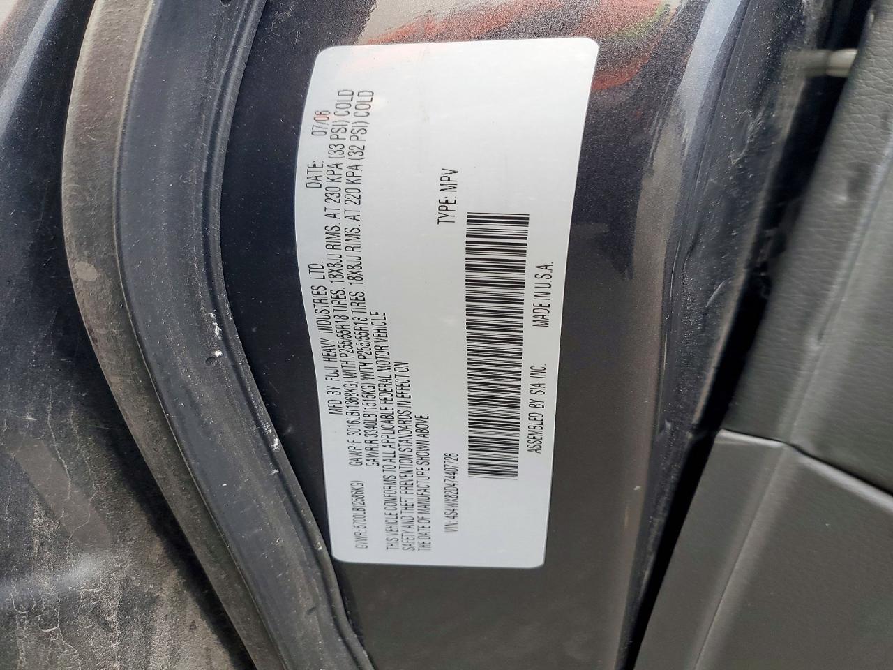2007 Subaru B9 Tribeca 3.0 H6 Black vin: 4S4WX82D474407726