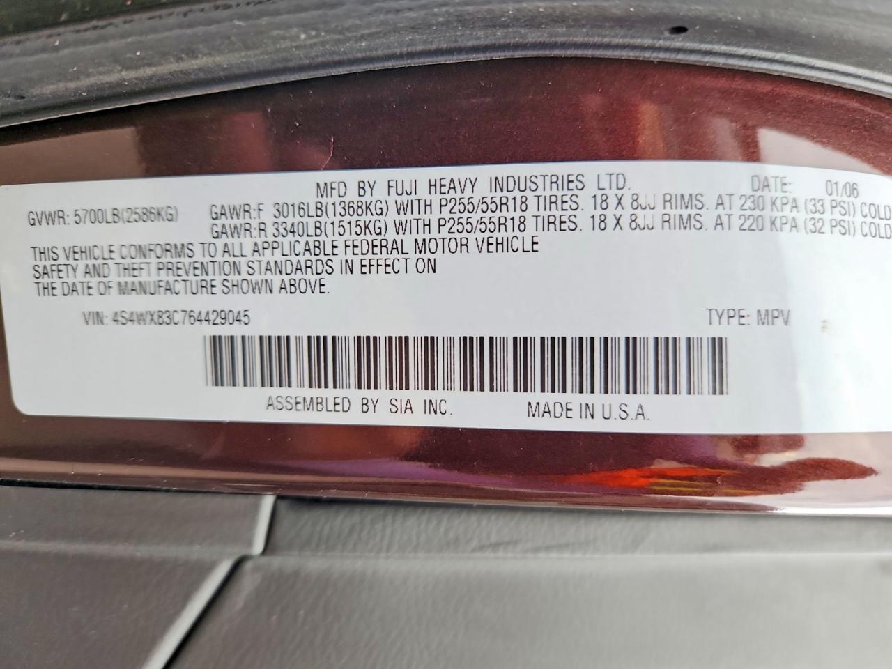 2006 Subaru B9 Tribeca 3.0 H6 Maroon vin: 4S4WX83C764429045