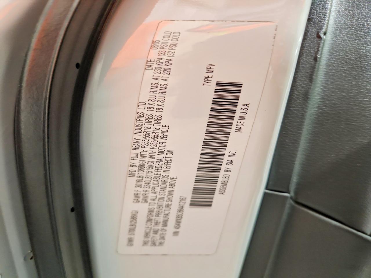 2006 Subaru B9 Tribeca 3.0 H6 White vin: 4S4WX85C664412167
