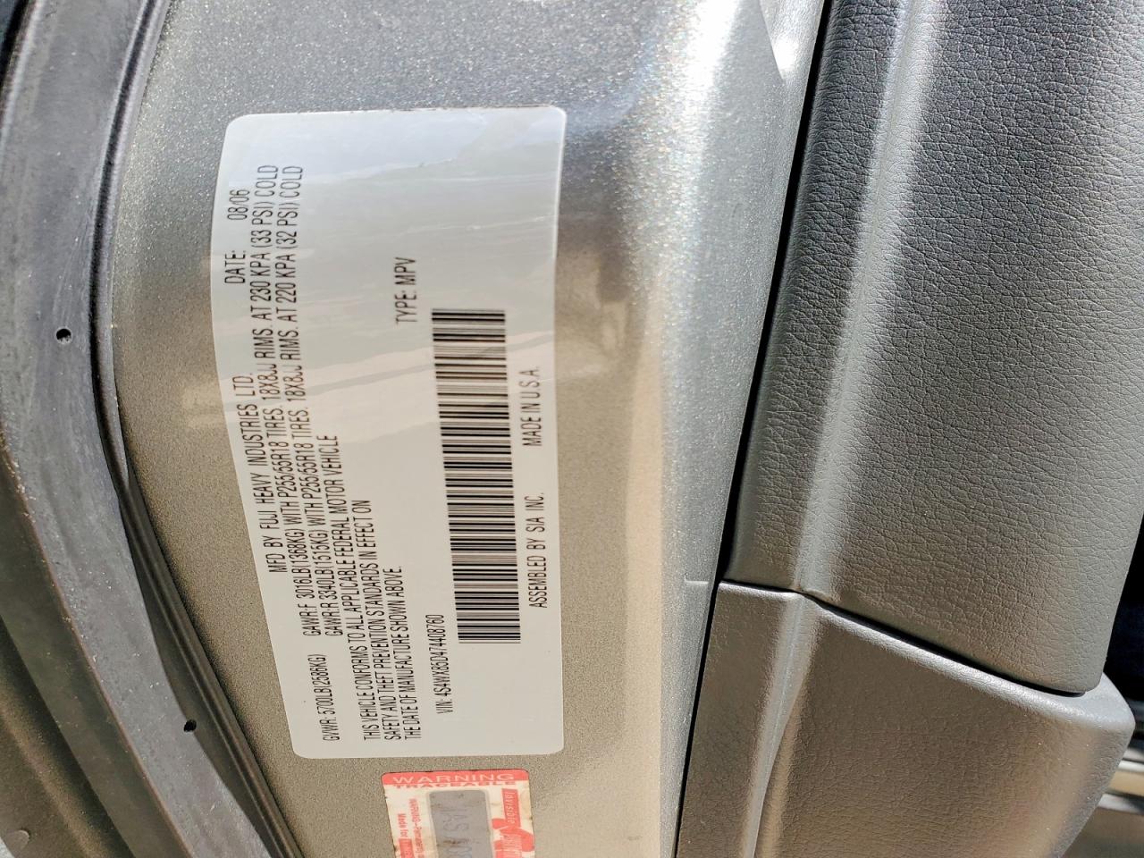 2007 Subaru B9 Tribeca 3.0 H6 Silver vin: 4S4WX85D474408760