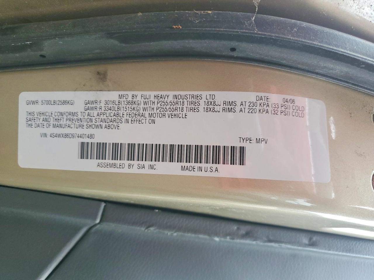 2007 Subaru B9 Tribeca 3.0 H6 Tan vin: 4S4WX86D974401480