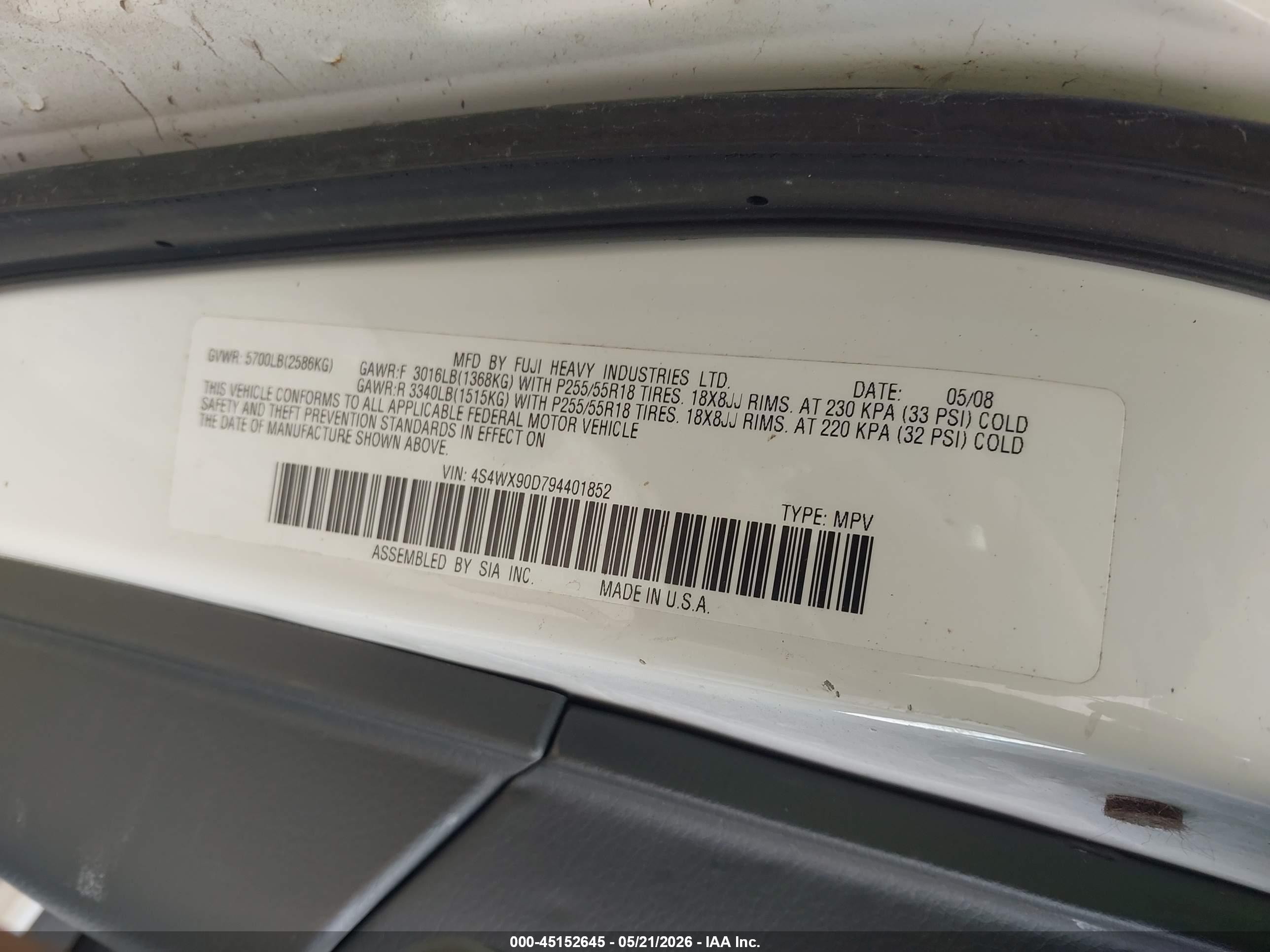 2009 Subaru Tribeca Limited 7-passenger Белый vin: 4S4WX90D794401852