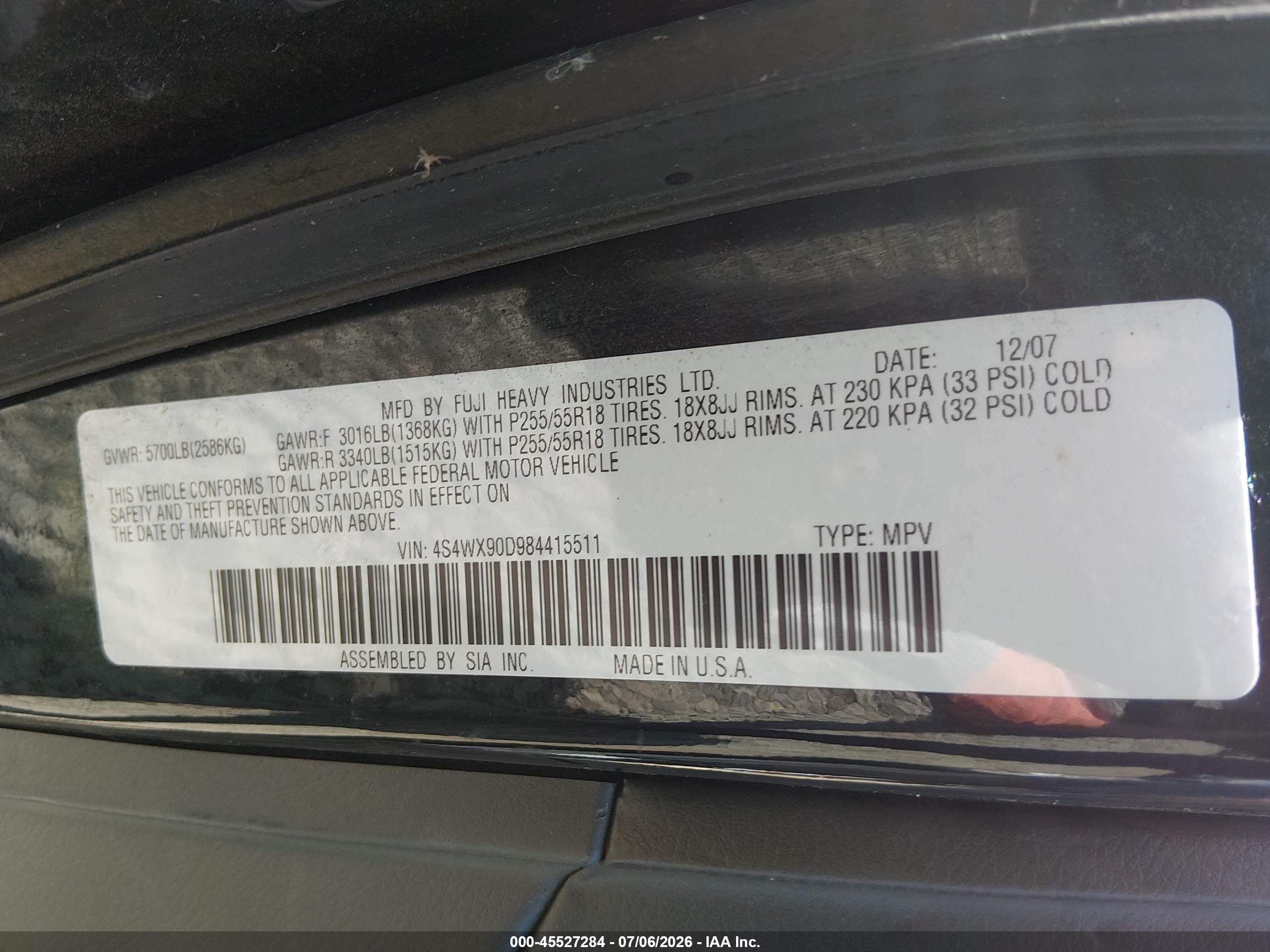 2008 Subaru Tribeca Limited 7-passenger Black vin: 4S4WX90D984415511