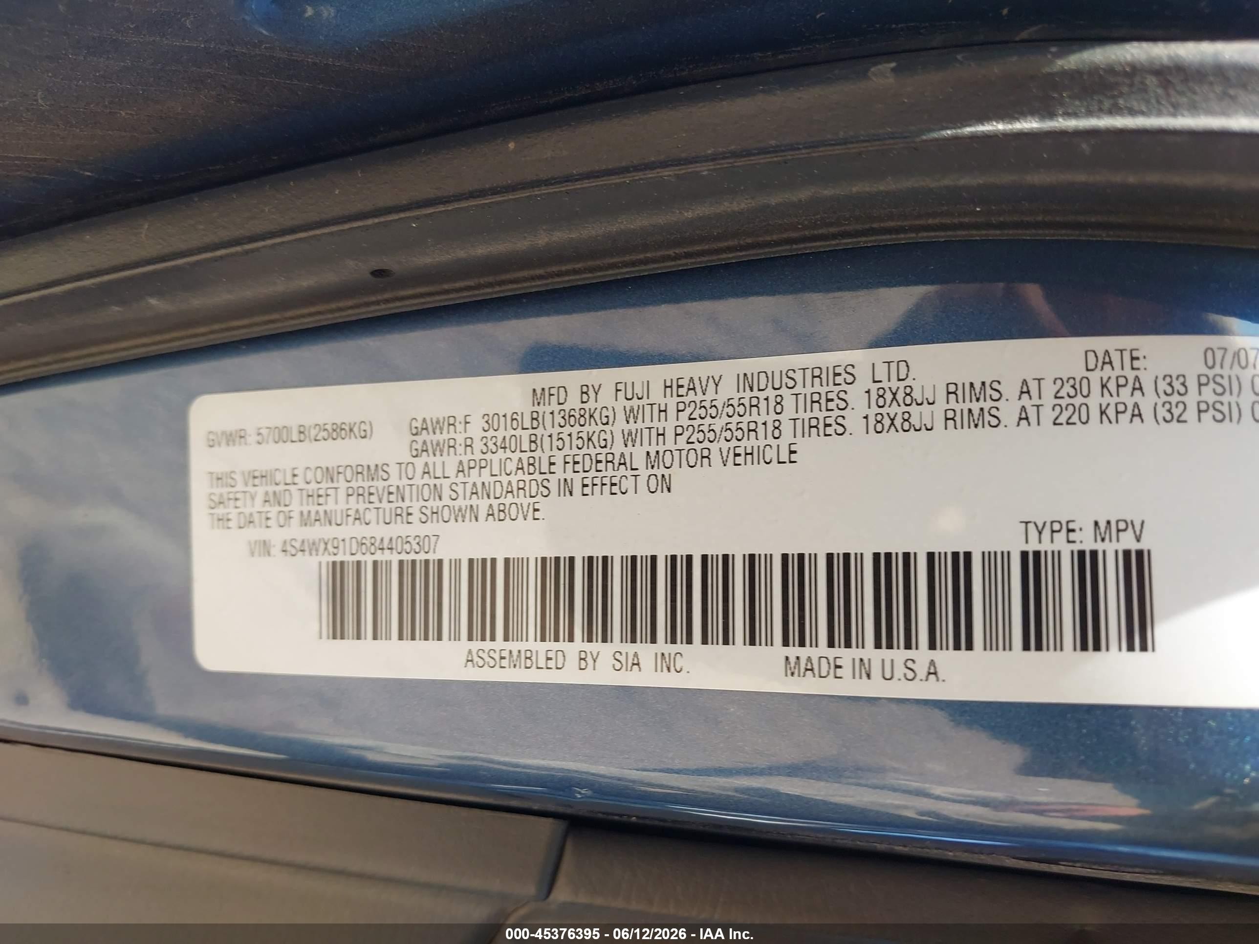 2008 Subaru Tribeca Base 5-passenger Blue vin: 4S4WX91D684405307