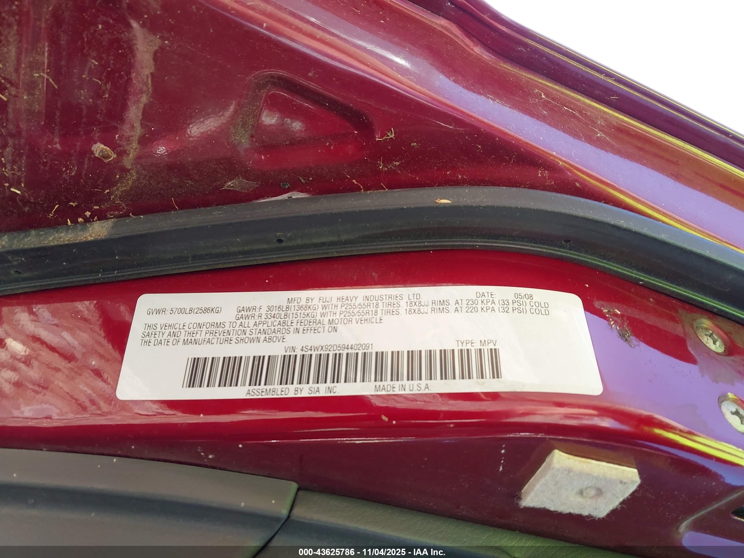2009 Subaru Tribeca   Red vin: 4S4WX92D594402091