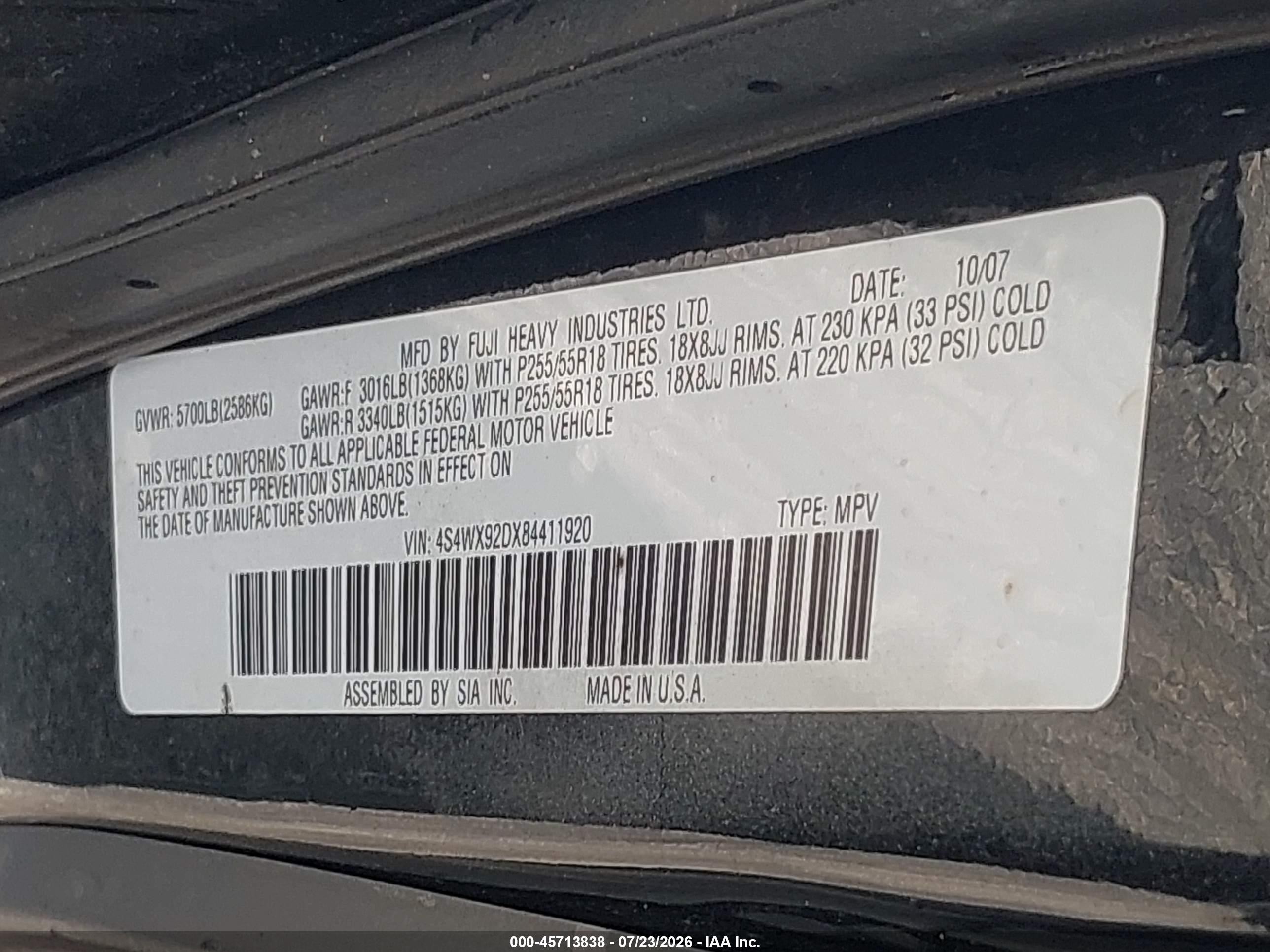 2008 Subaru Tribeca Limited 5-passenger Black vin: 4S4WX92DX84411920