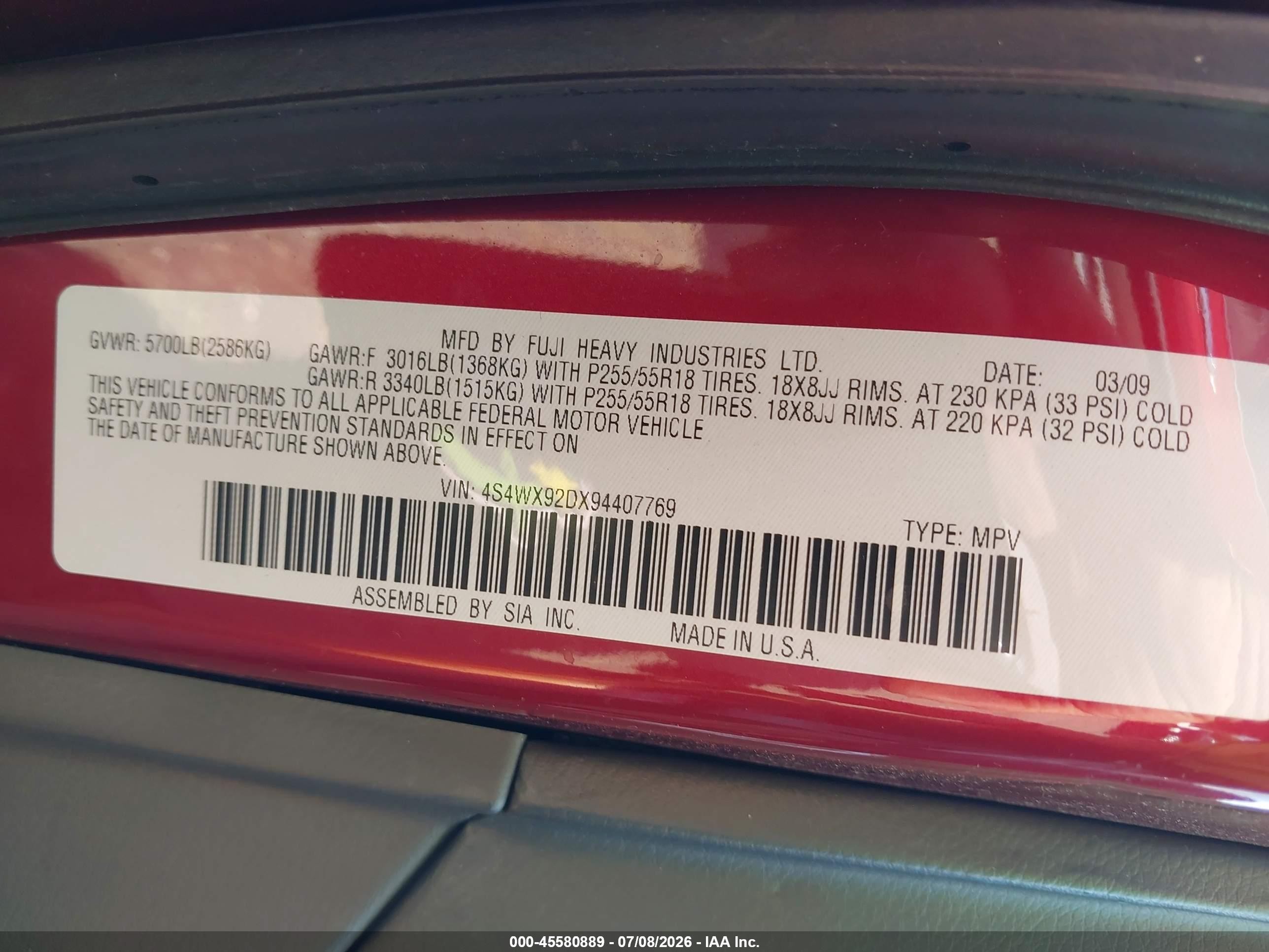 2009 Subaru Tribeca Limited 5-passenger Red vin: 4S4WX92DX94407769