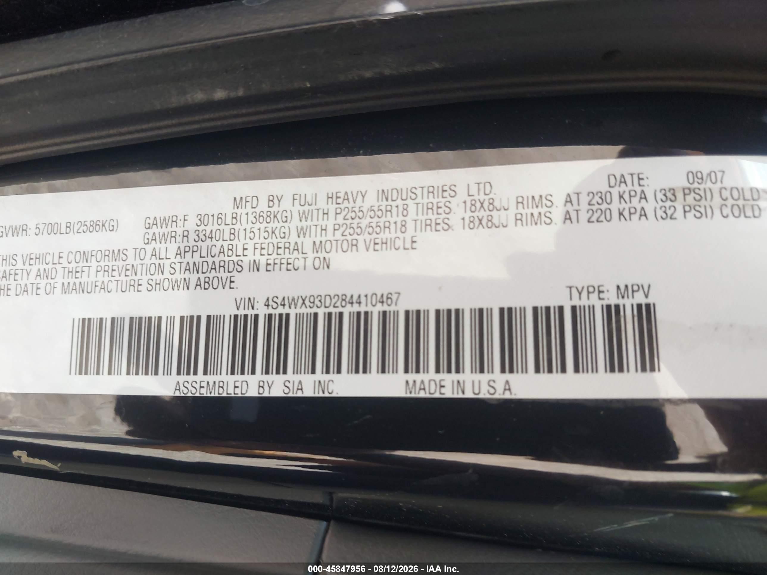 2008 Subaru Tribeca Limited 5-passenger Black vin: 4S4WX93D284410467