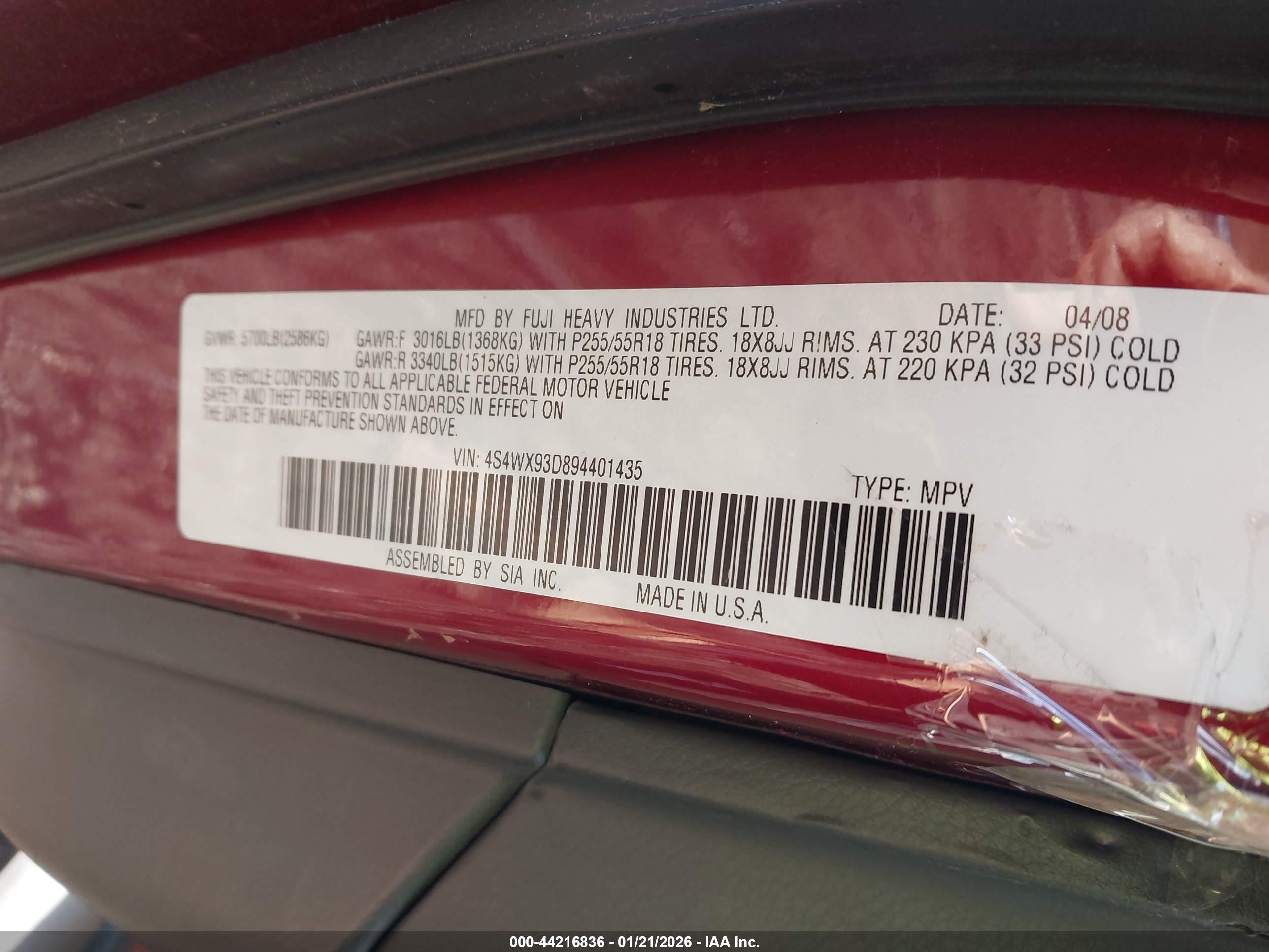 2009 Subaru Tribeca Limited 5-passenger Red vin: 4S4WX93D894401435