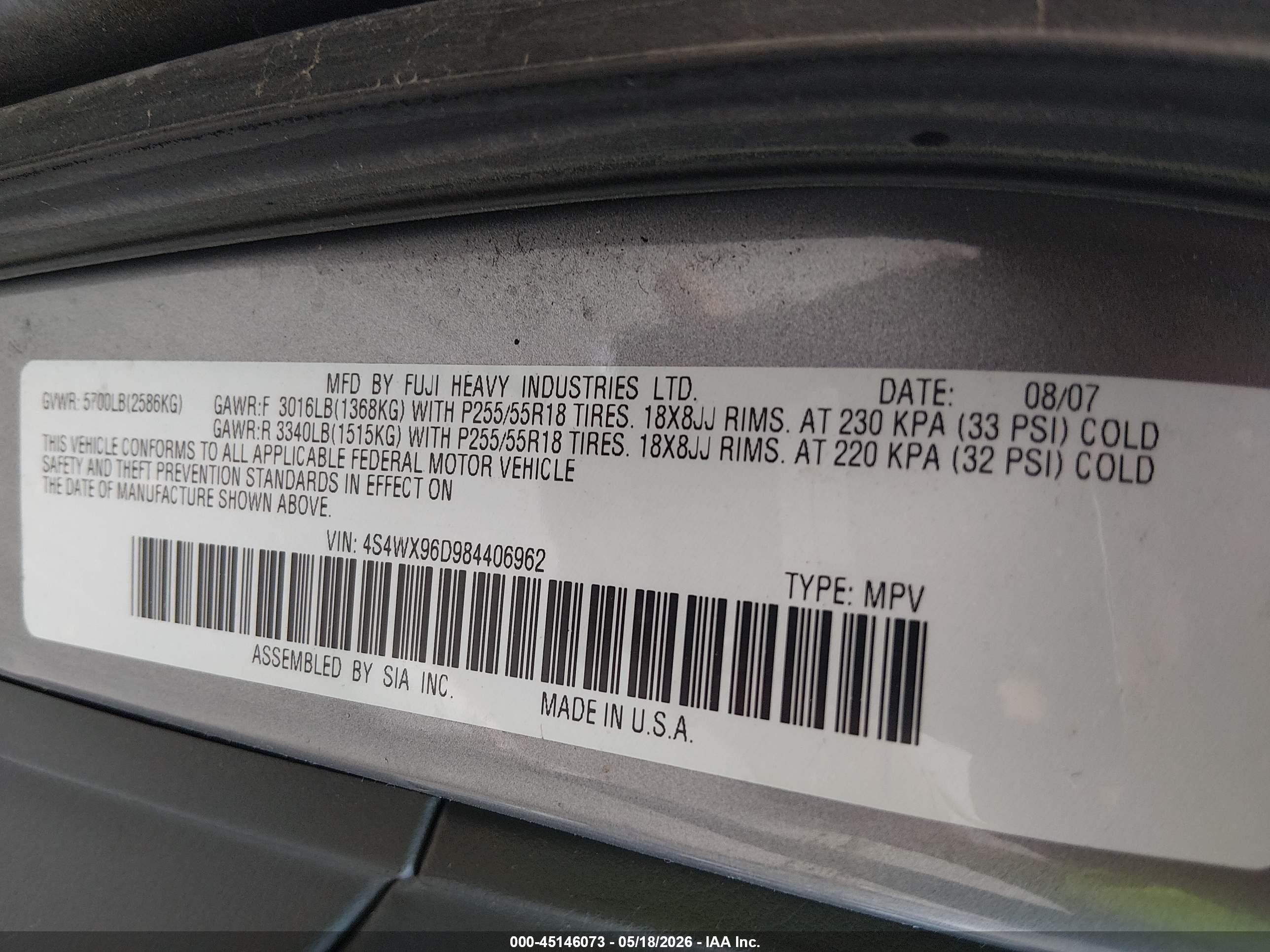 2008 Subaru Tribeca Base 7-passenger Gray vin: 4S4WX96D984406962