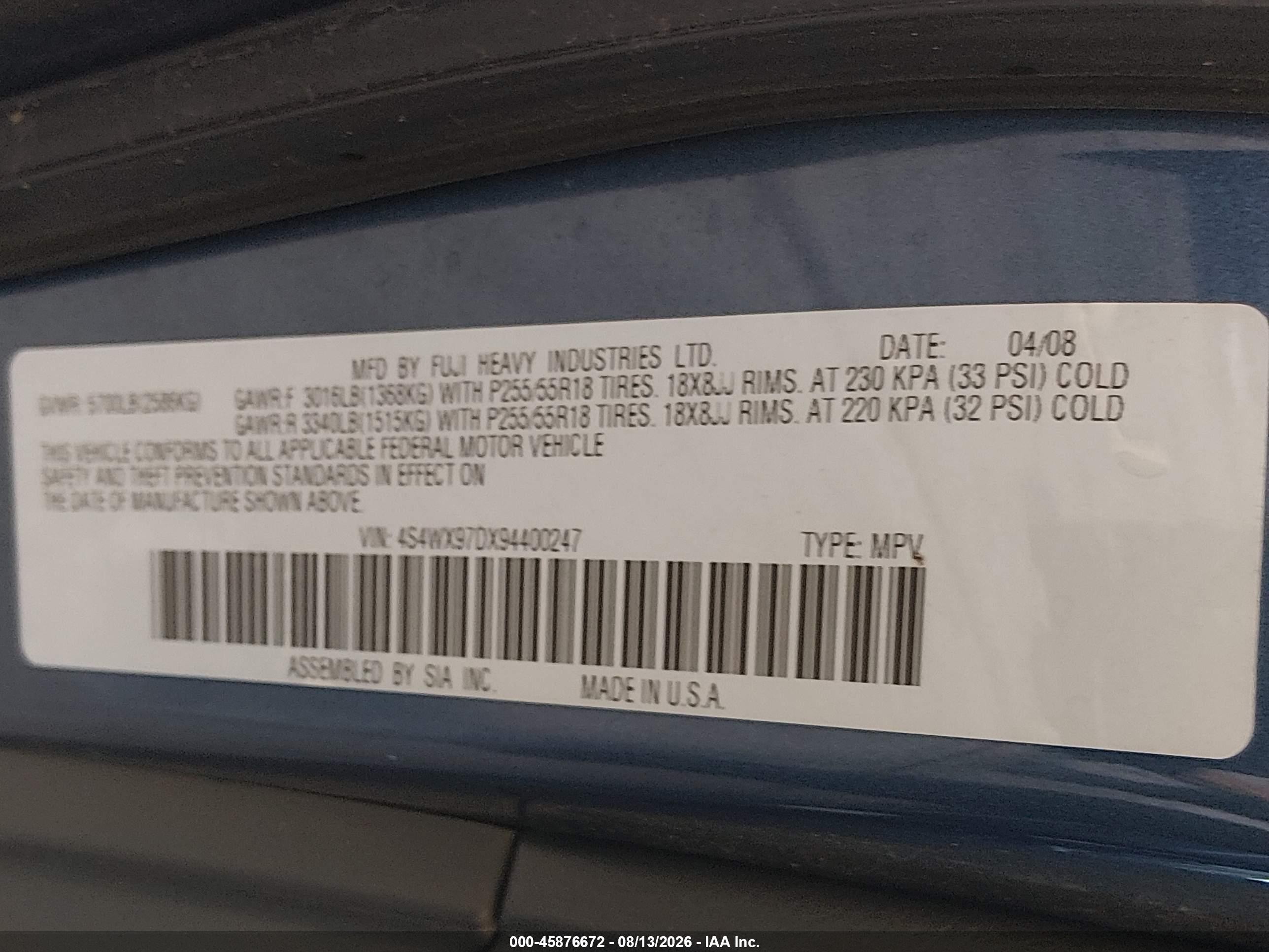 2009 Subaru Tribeca Limited 7-passenger/special Edition 7-passenger Blue vin: 4S4WX97DX94400247