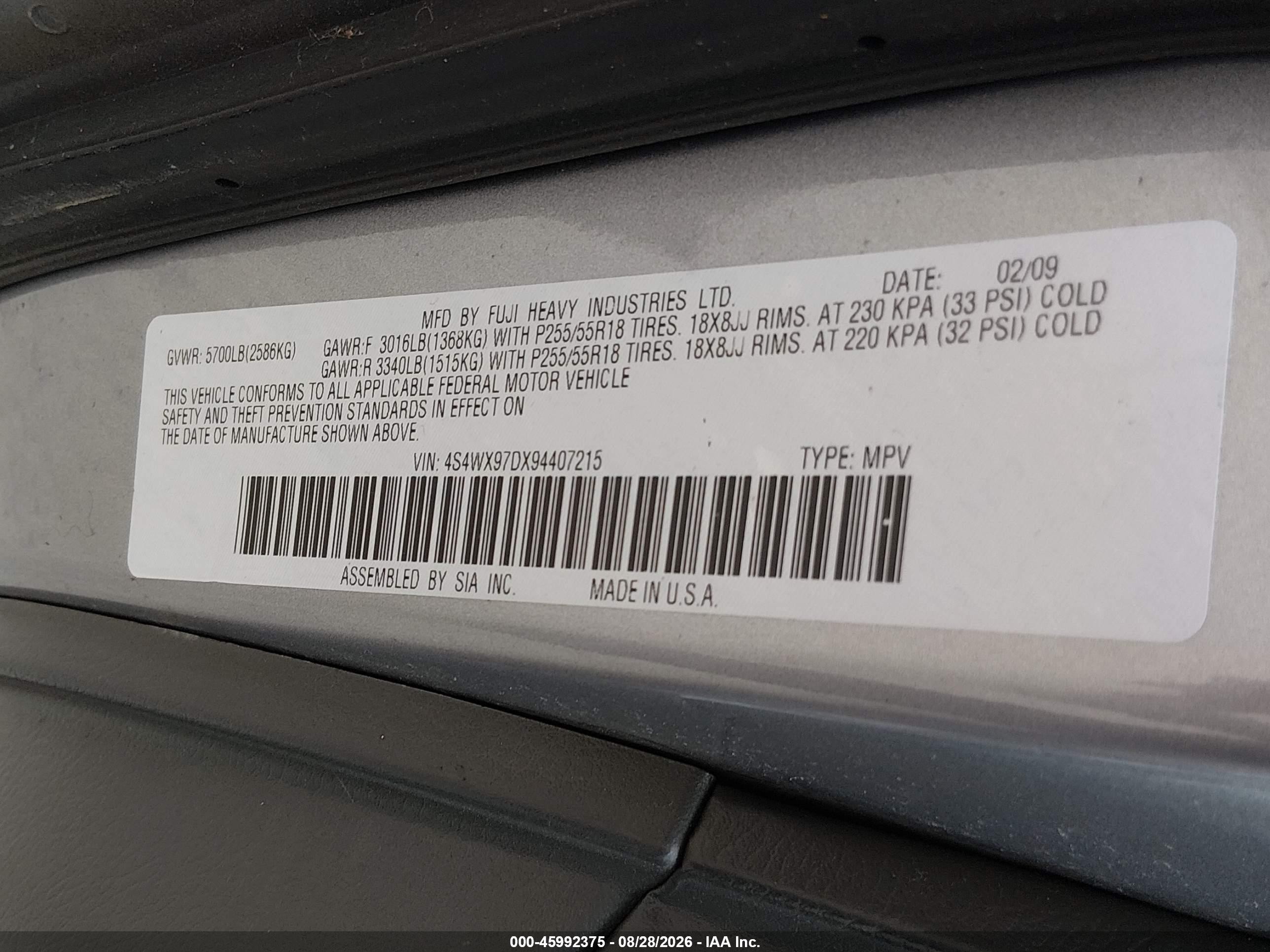 2009 Subaru Tribeca Special Edition 7-passenger Silver vin: 4S4WX97DX94407215