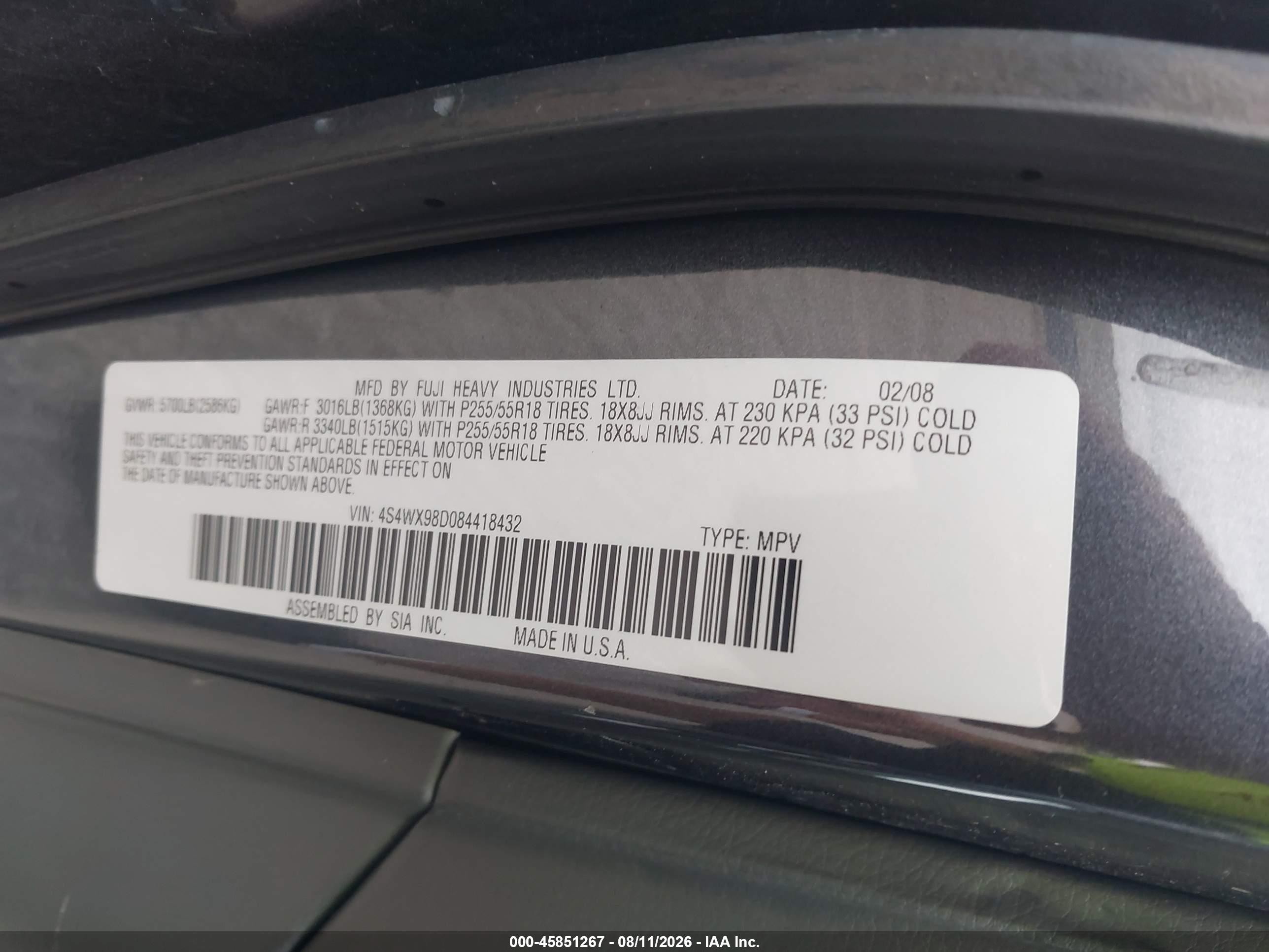 2008 Subaru Tribeca Limited 7-passenger Серый vin: 4S4WX98D084418432