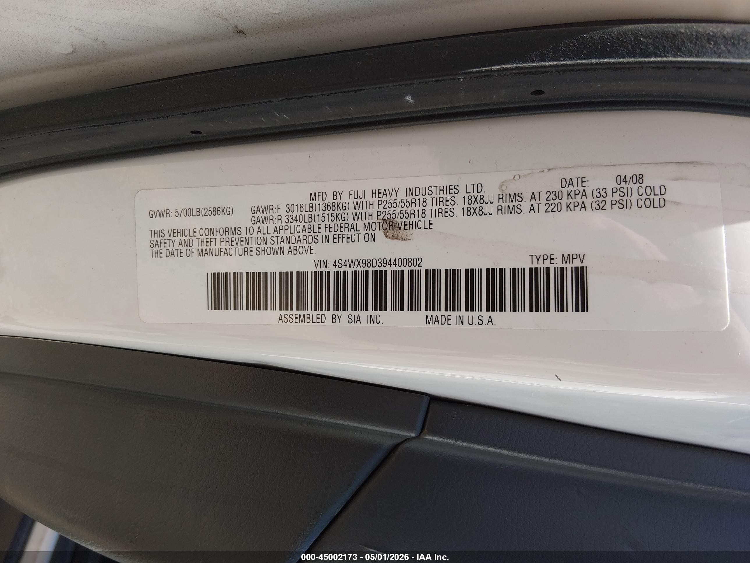2009 Subaru Tribeca Limited 7-passenger Белый vin: 4S4WX98D394400802