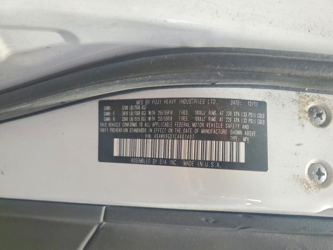 2012 Subaru Tribeca Limited/touring Белый vin: 4S4WX9GD1C4401407