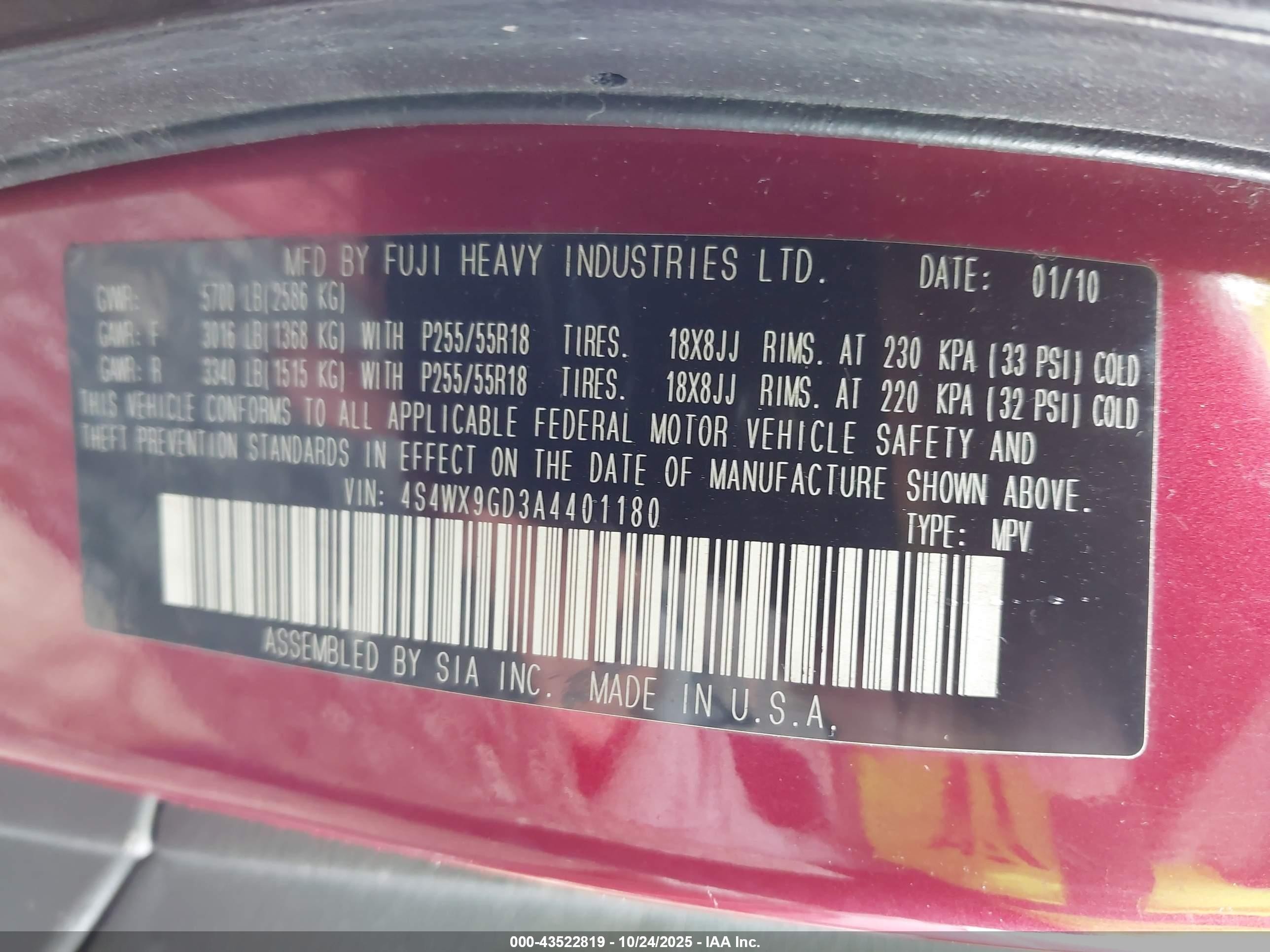 2010 Subaru Tribeca 3.6r Limited Red vin: 4S4WX9GD3A4401180