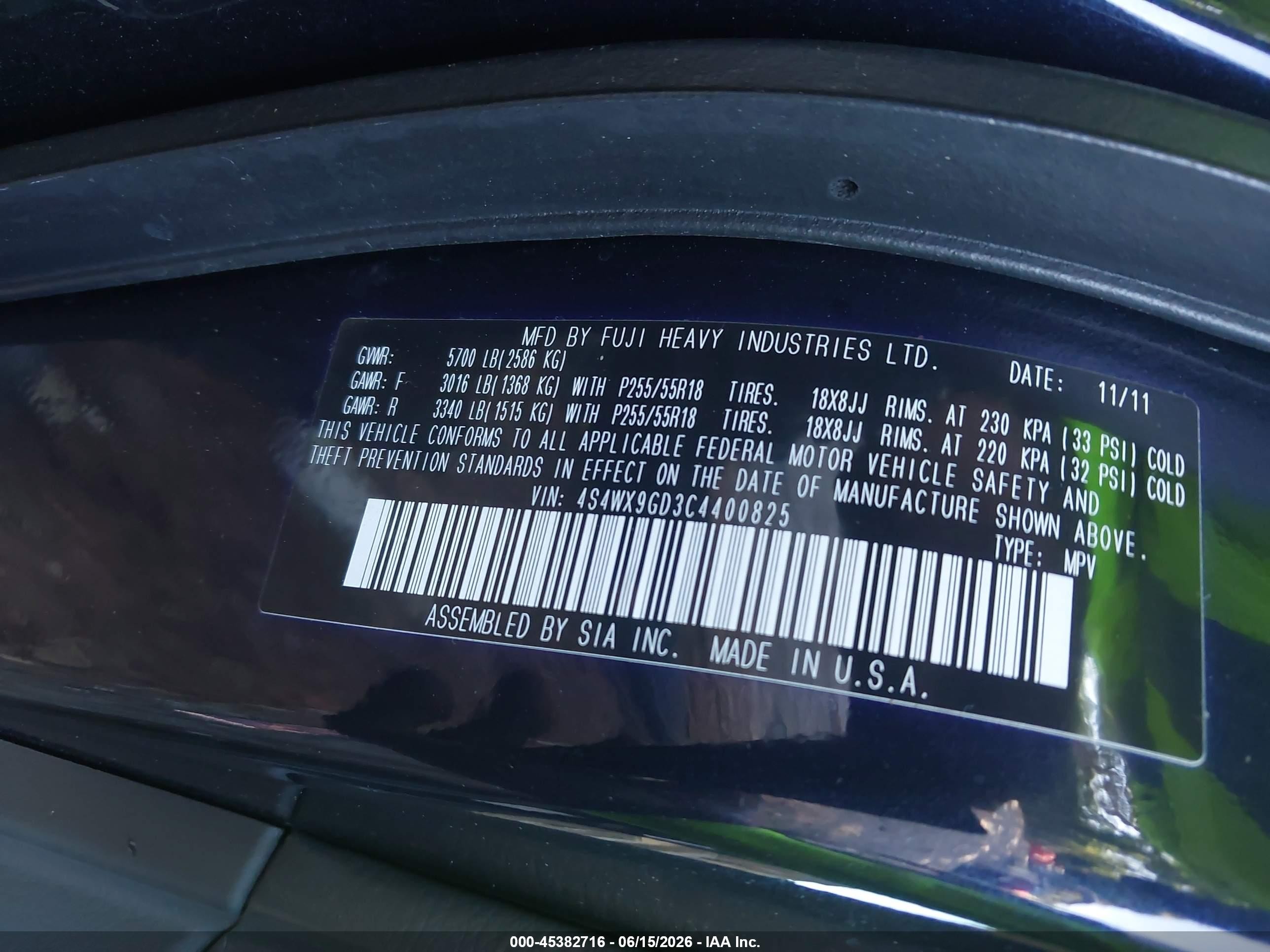 2012 Subaru Tribeca 3.6r Limited Dark Blue vin: 4S4WX9GD3C4400825