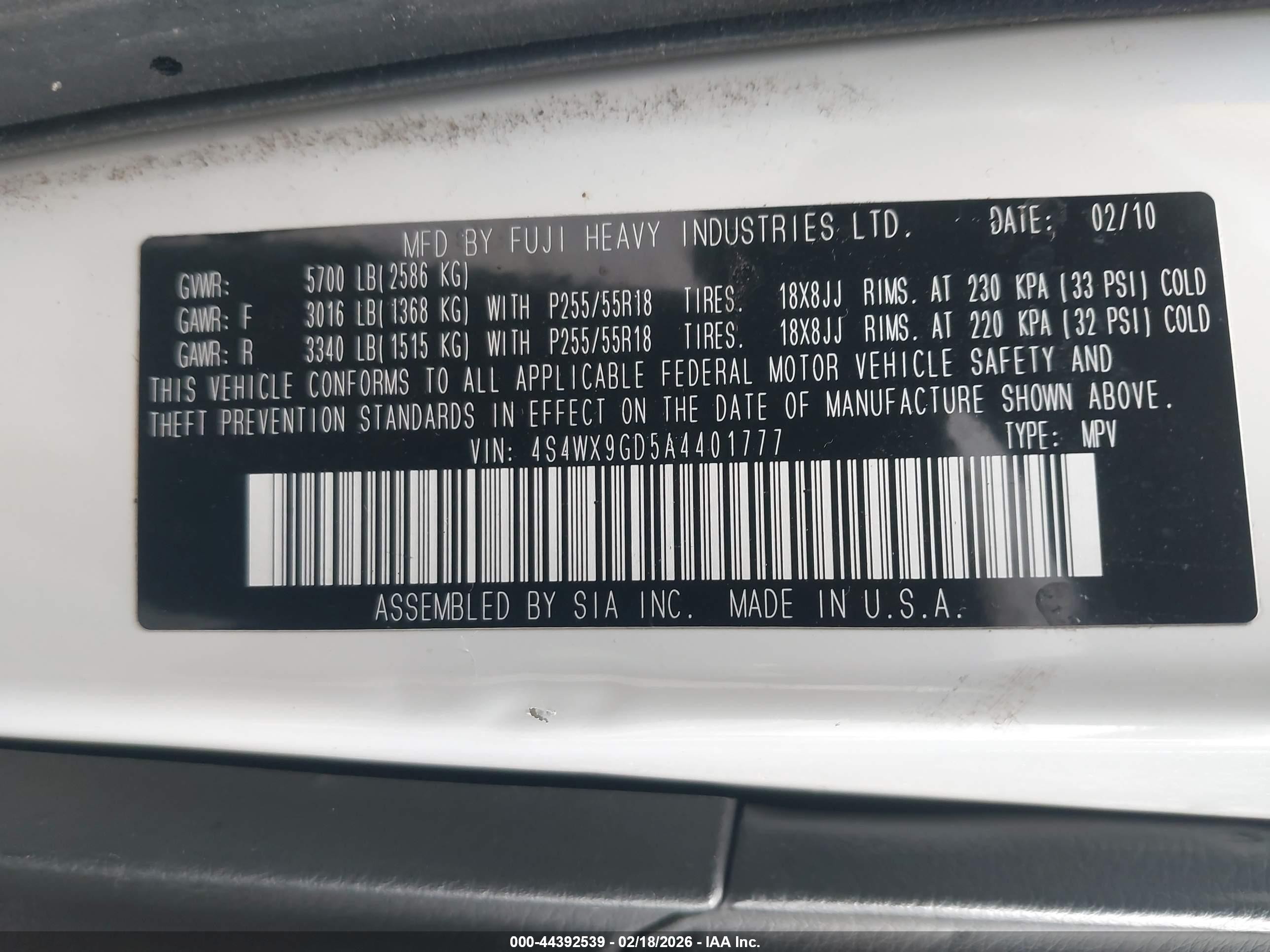 2010 Subaru Tribeca 3.6r Limited White vin: 4S4WX9GD5A4401777
