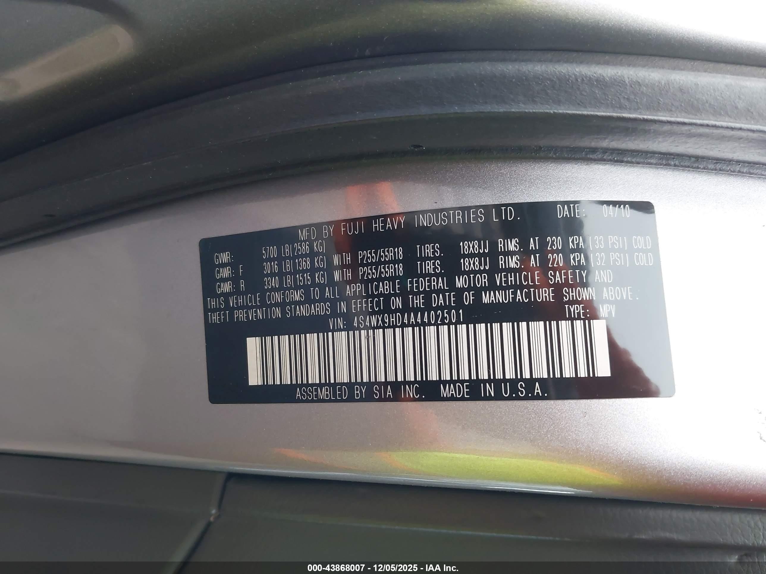 2010 Subaru Tribeca 3.6r Limited Silver vin: 4S4WX9HD4A4402501