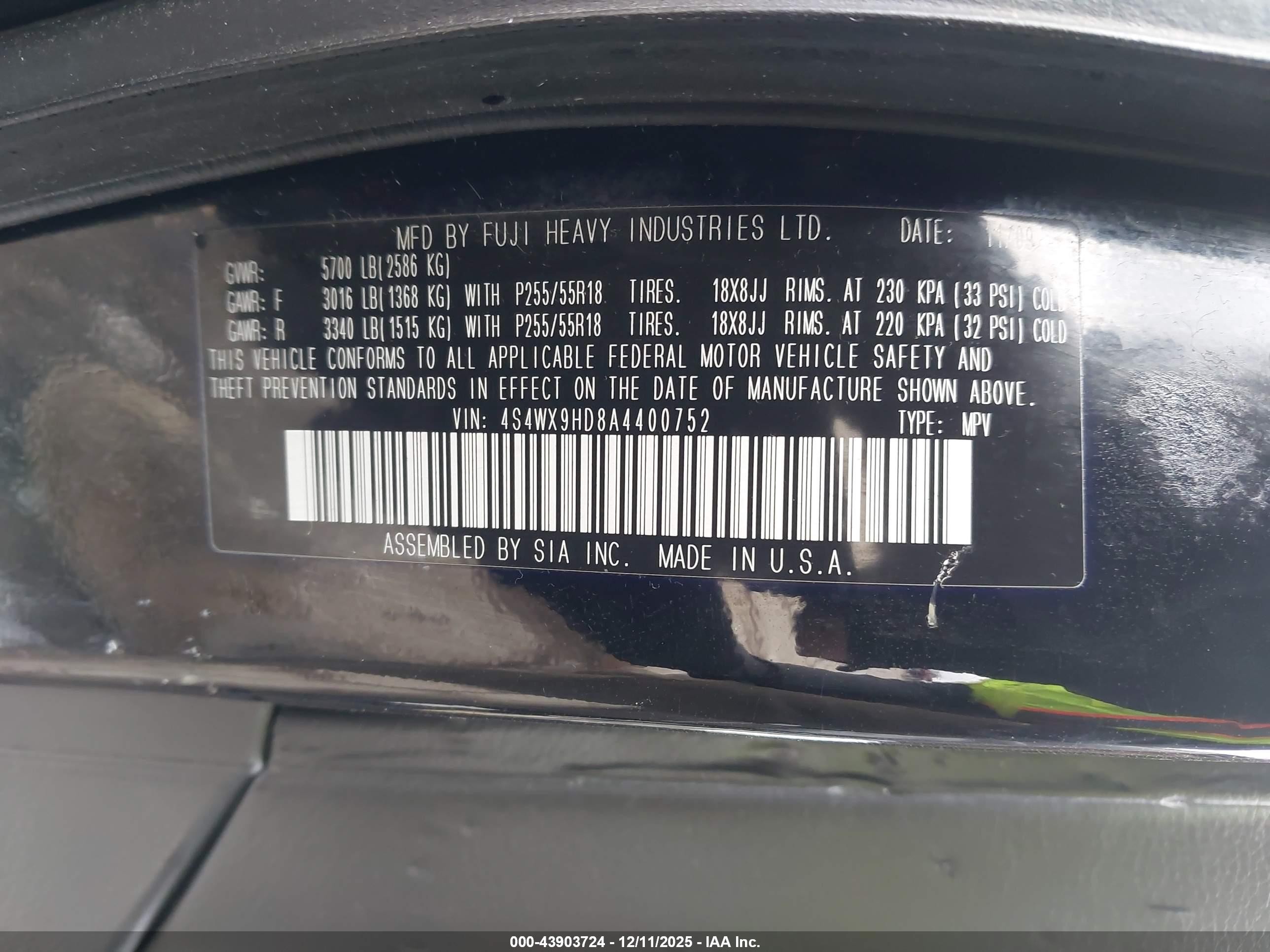2010 Subaru Tribeca 3.6r Touring Black vin: 4S4WX9HD8A4400752