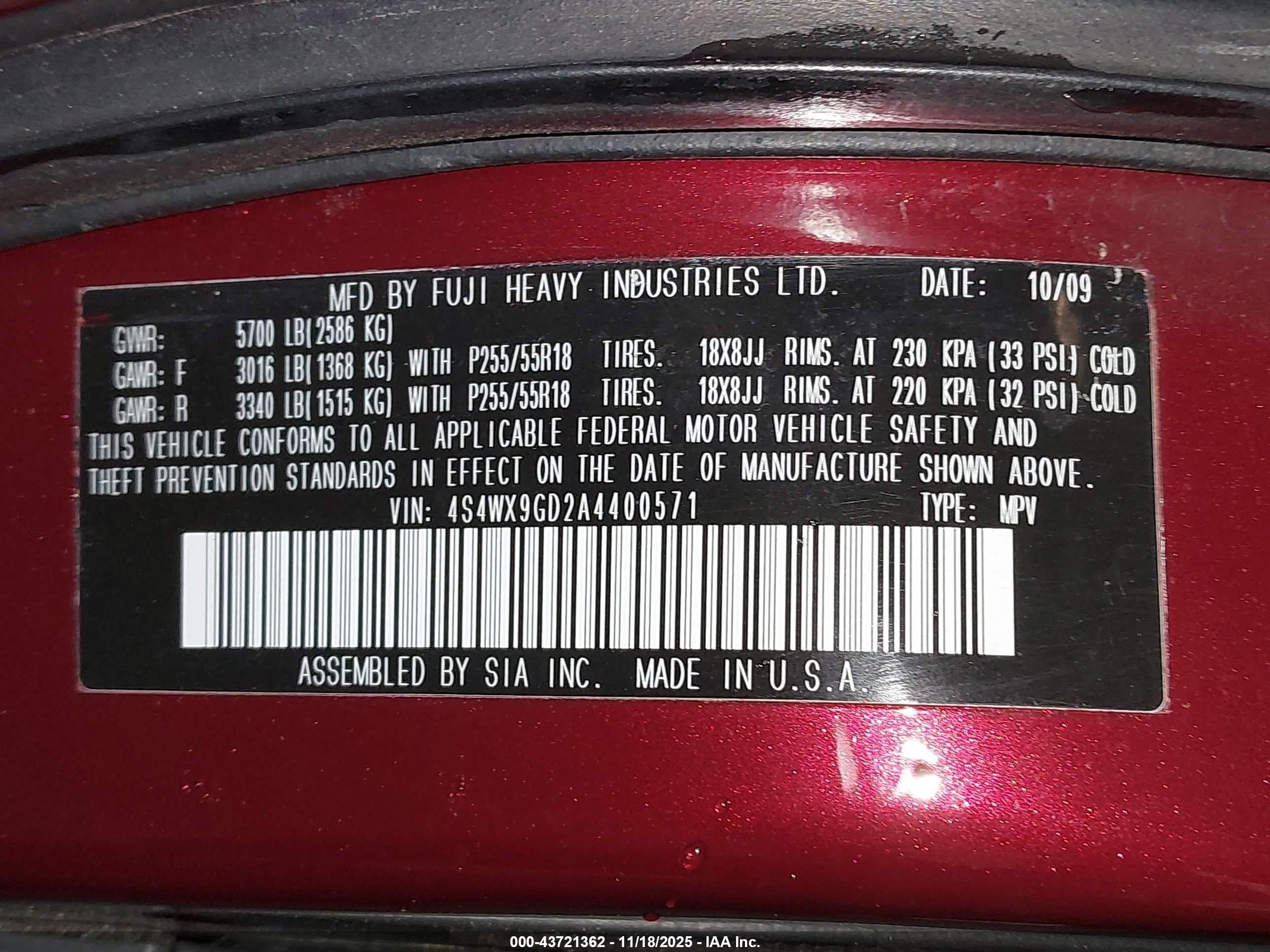 2010 Subaru Tribeca 3.6r Touring Burgundy vin: 4S4WX9KD5A4401981
