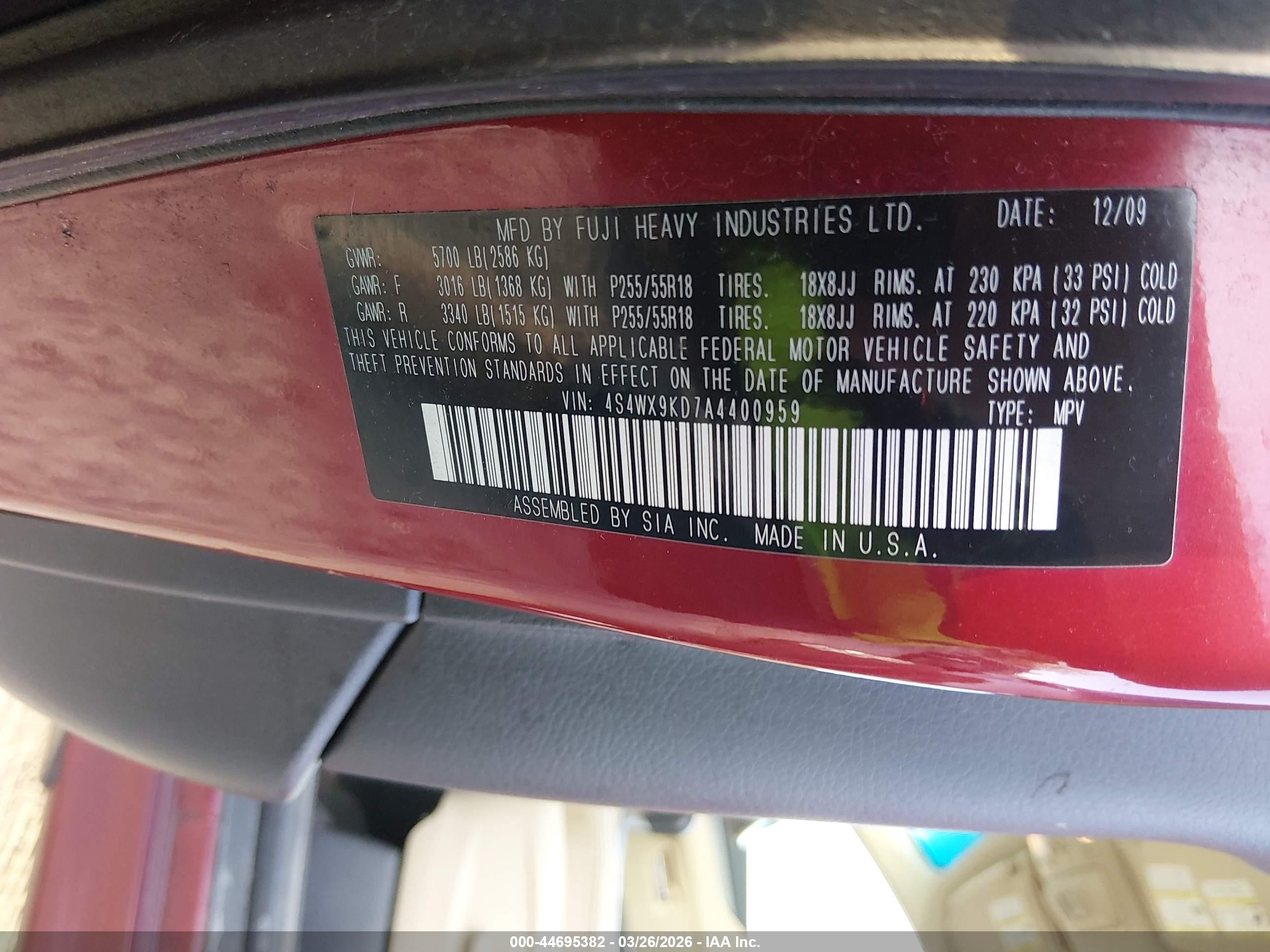 2010 Subaru Tribeca 3.6r Touring Red vin: 4S4WX9KD7A4400959