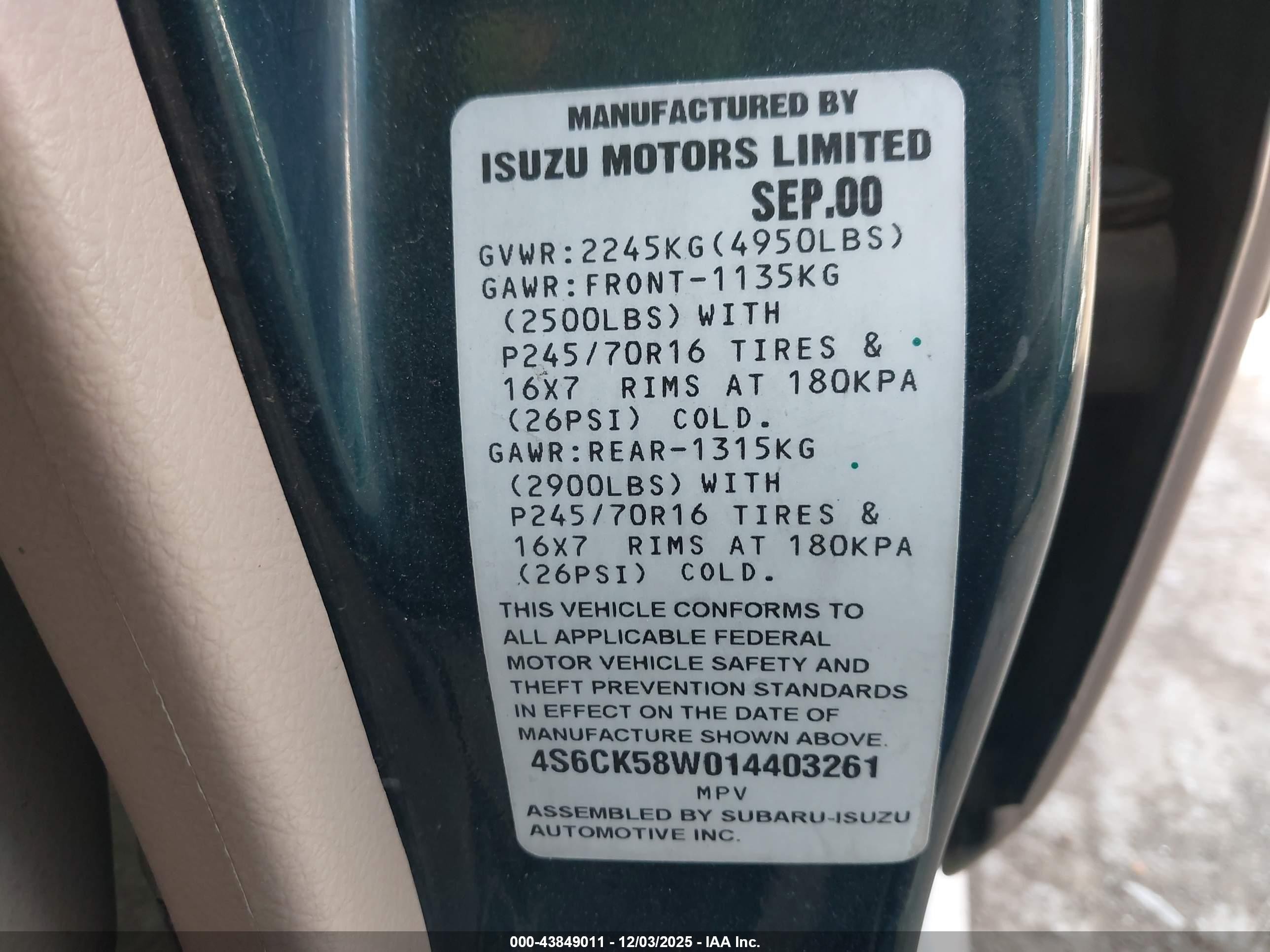 2001 Honda Passport Ex/lx Green vin: 4S6CK58W014403261