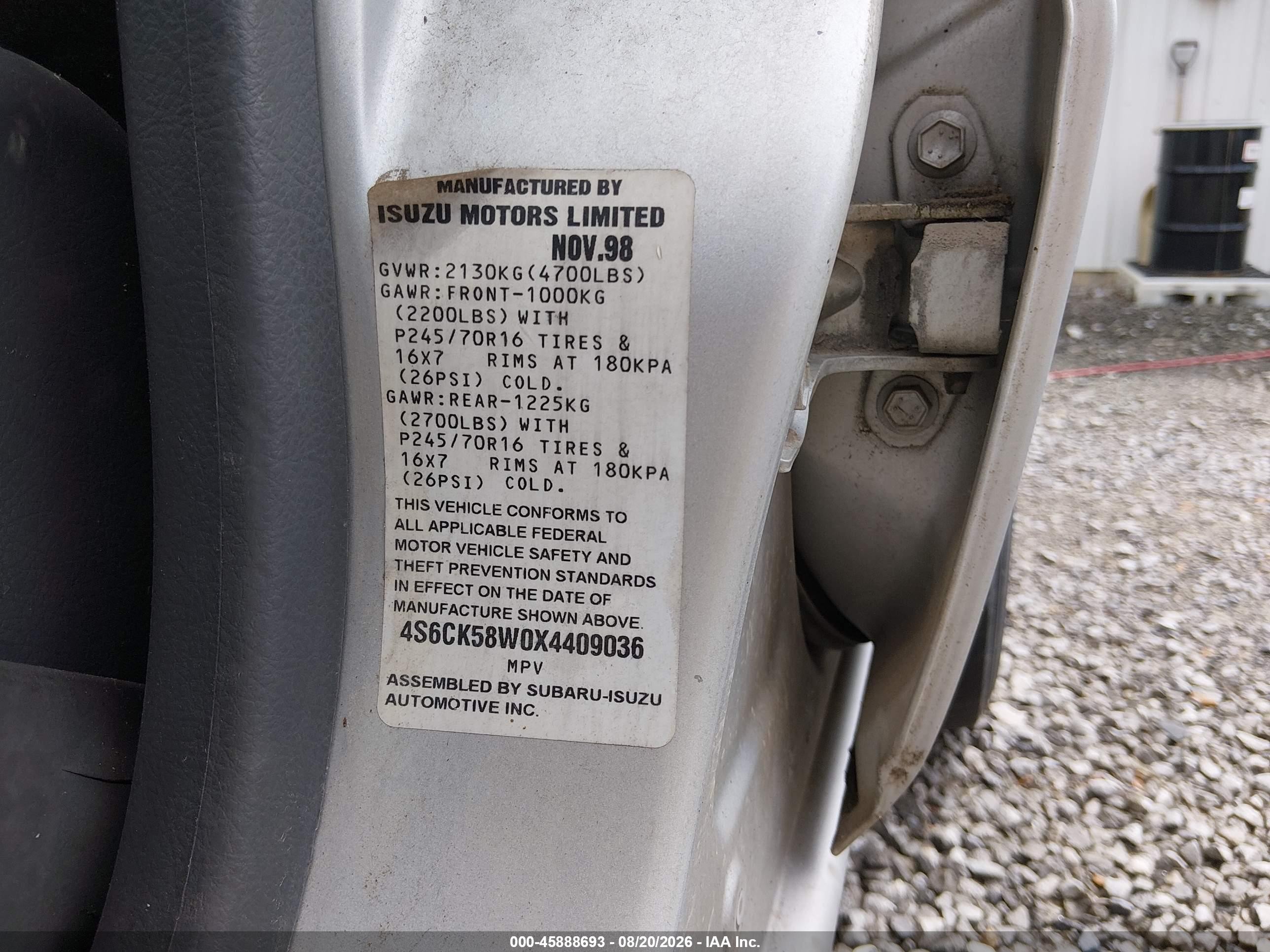 1999 Honda Passport Ex/lx Gray vin: 4S6CK58W0X4409036