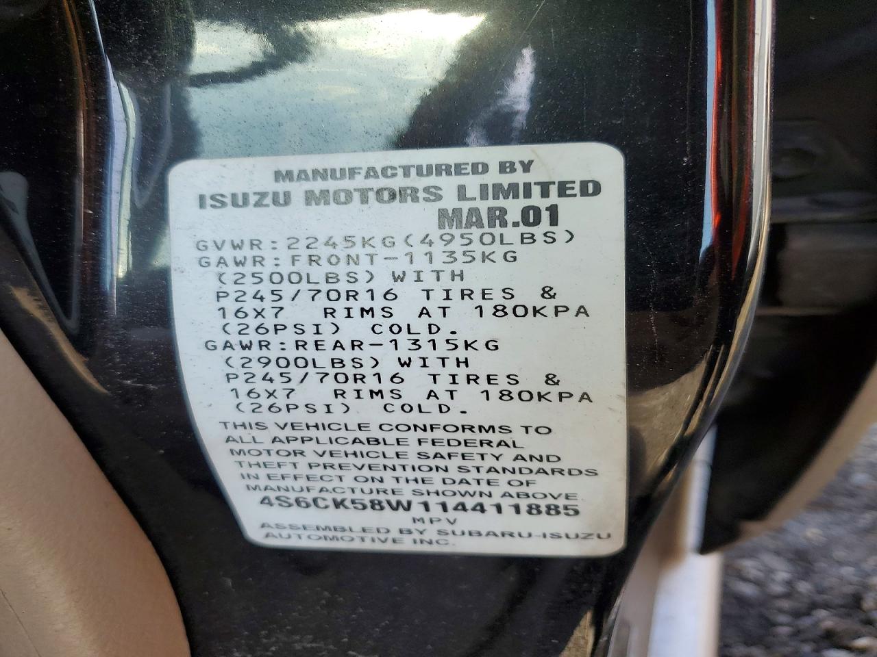 2001 Honda Passport Ex Black vin: 4S6CK58W114411885