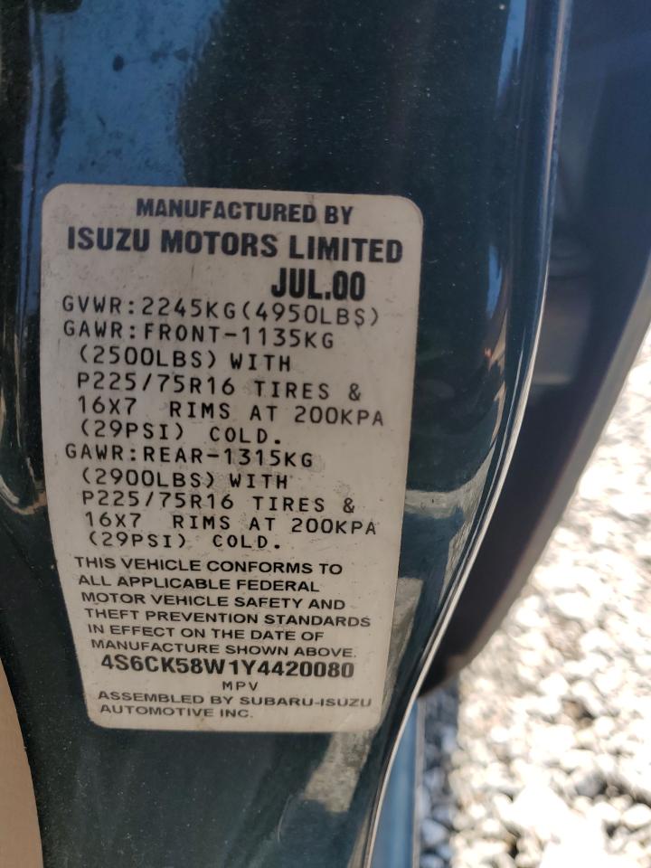2000 Honda Passport Ex Green vin: 4S6CK58W1Y4420080