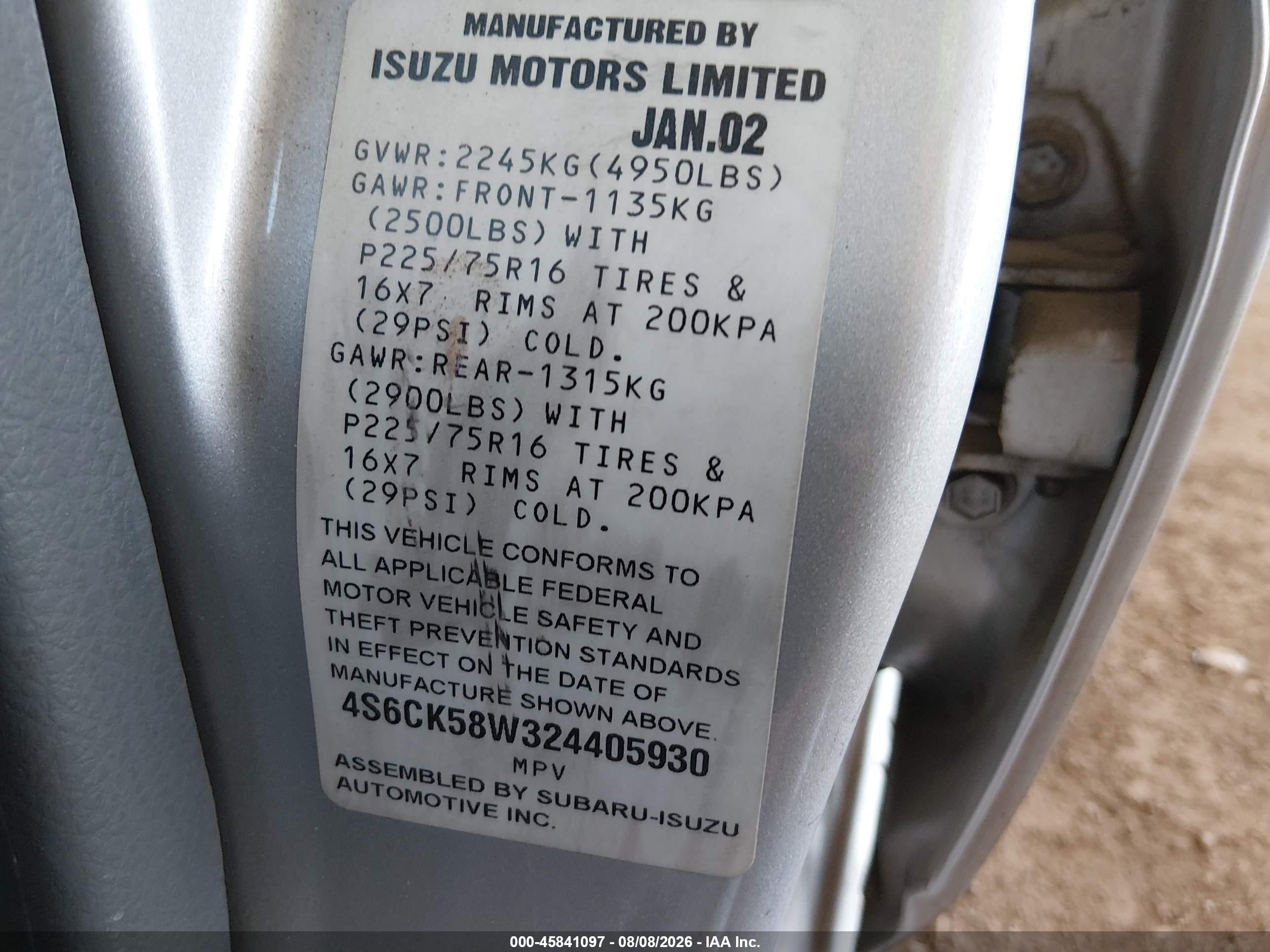 2002 Honda Passport Ex/lx Silver vin: 4S6CK58W324405930