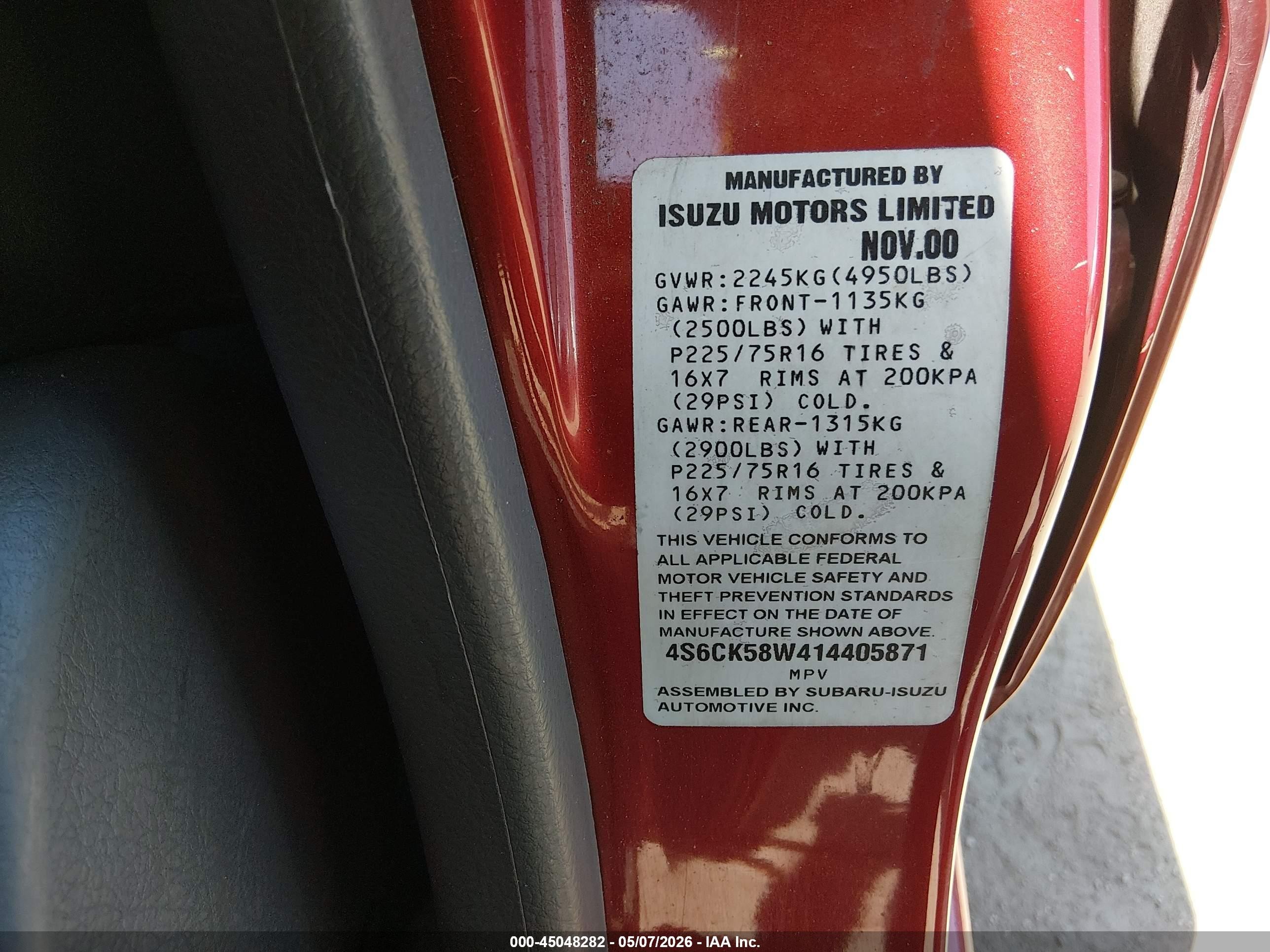 2001 Honda Passport Ex/lx Red vin: 4S6CK58W414405871