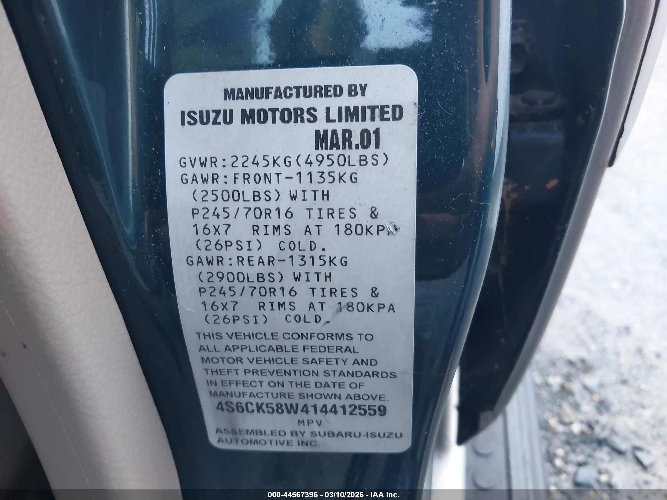 2001 Honda Passport Ex/ex W/luxury Pkg/lx Green vin: 4S6CK58W414412559