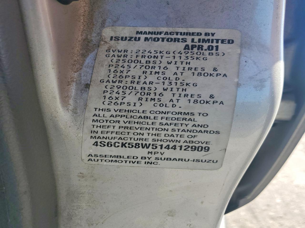 2001 Honda Passport Ex Silver vin: 4S6CK58W514412909