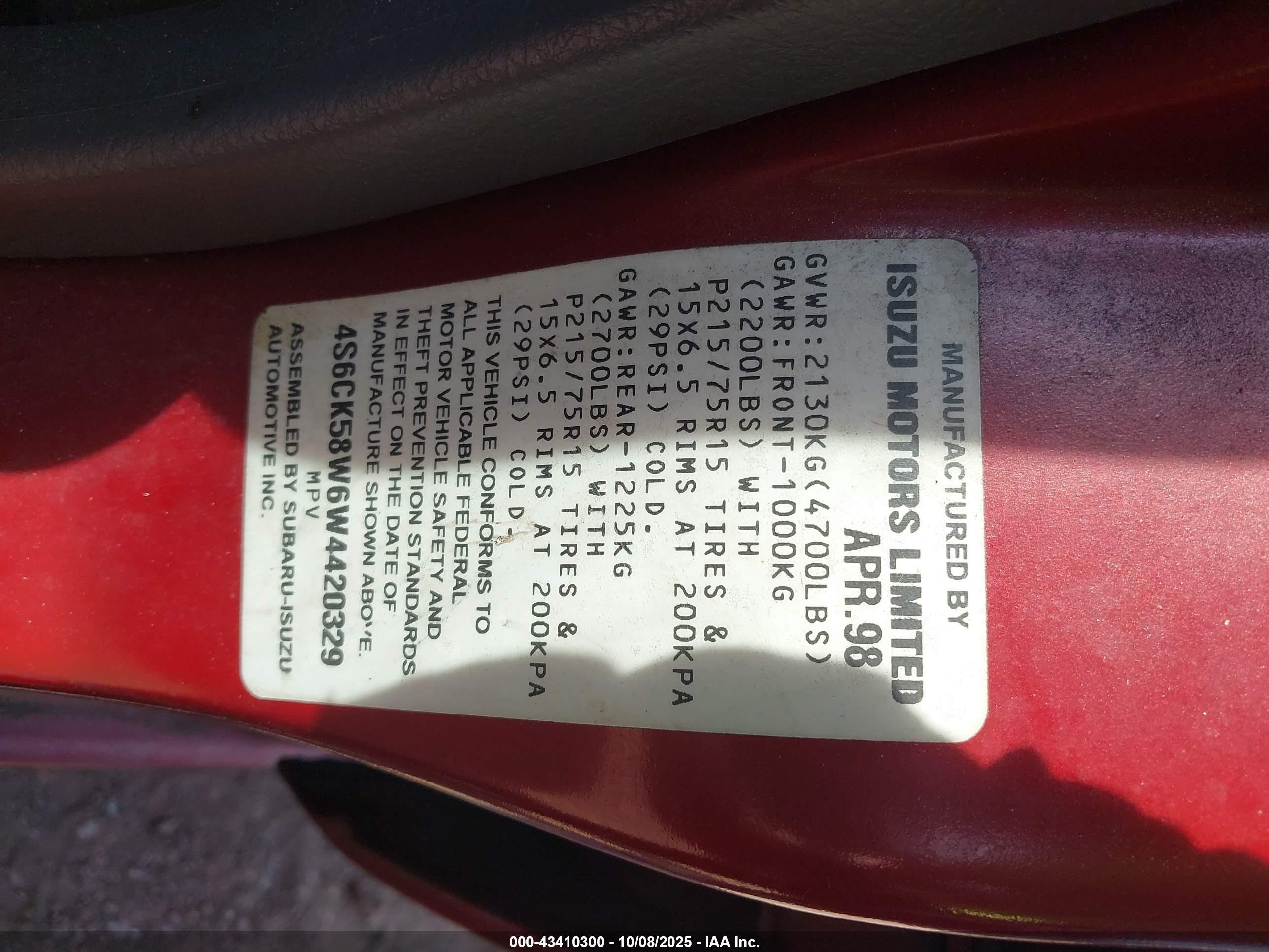 1998 Honda Passport Ex/lx Red vin: 4S6CK58W6W4420329