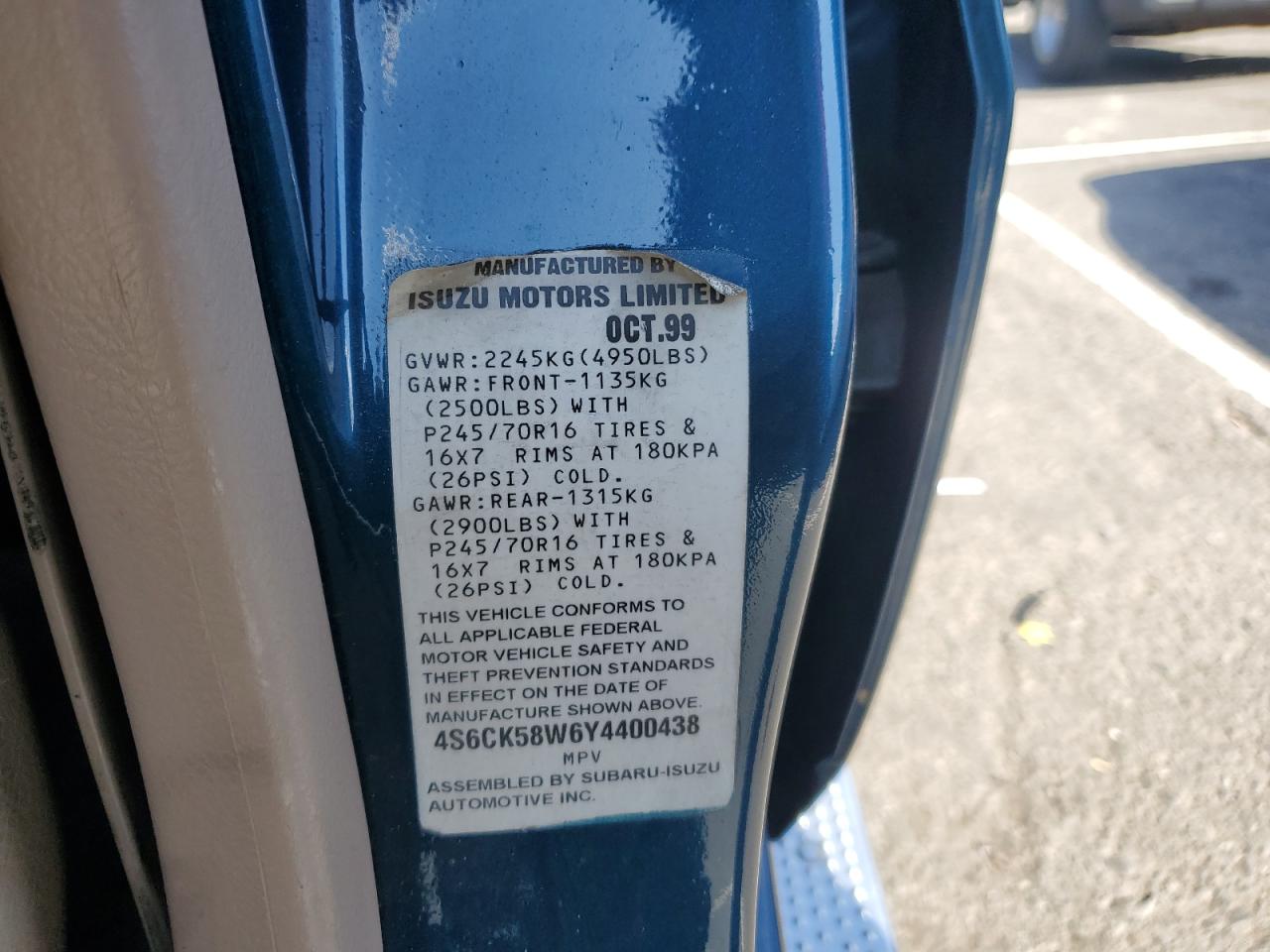 2000 Honda Passport Ex Blue vin: 4S6CK58W6Y4400438